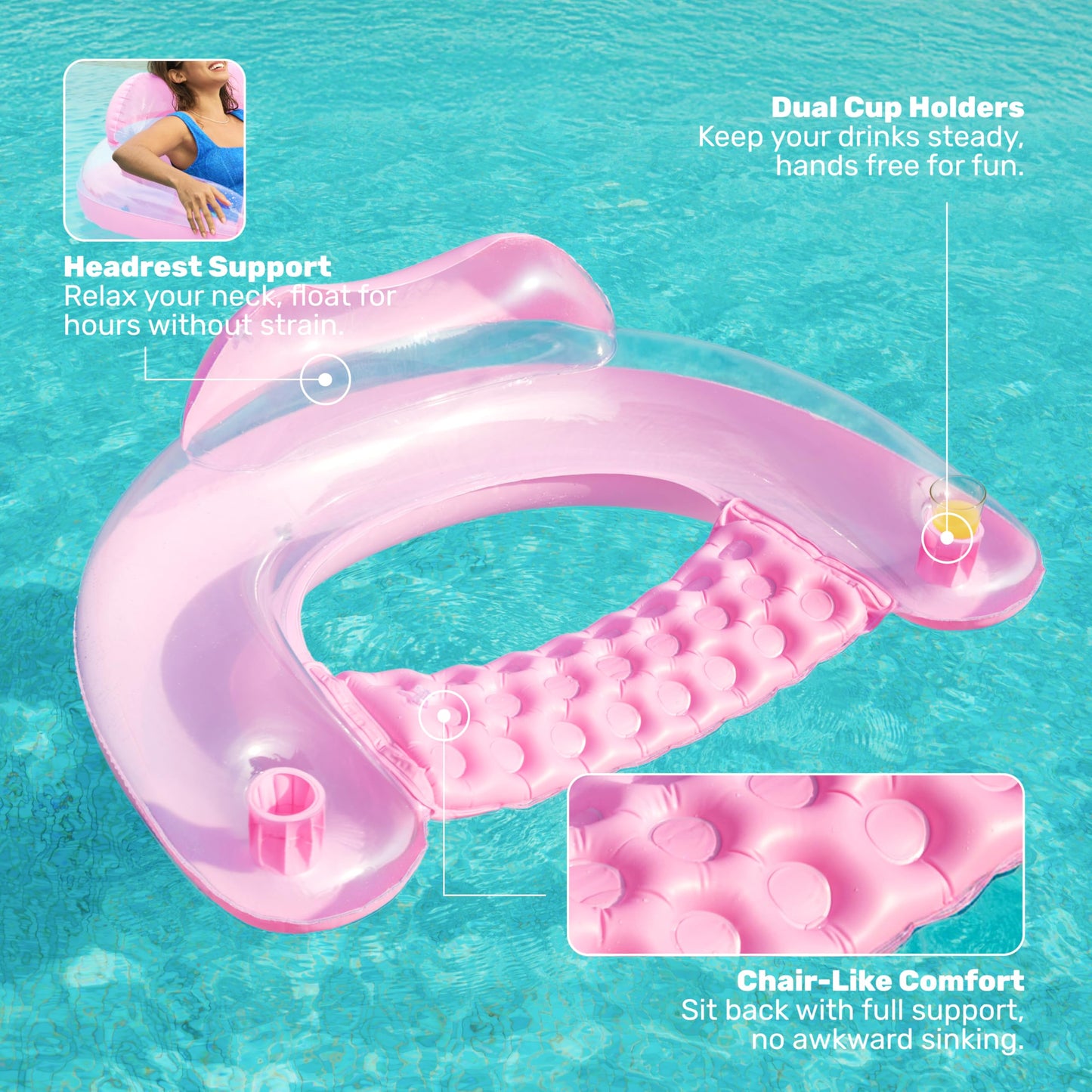 Sloosh Inflatable Pool Floats – 2 Pack Pool Chairs with Cup Holders (Blue & Pink)