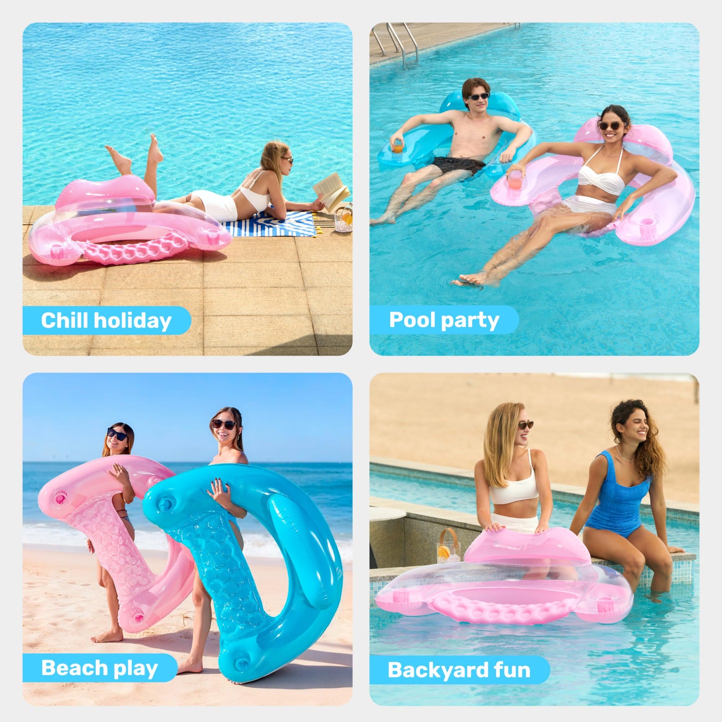 Sloosh Inflatable Pool Floats – 2 Pack Pool Chairs with Cup Holders (Blue & Pink)