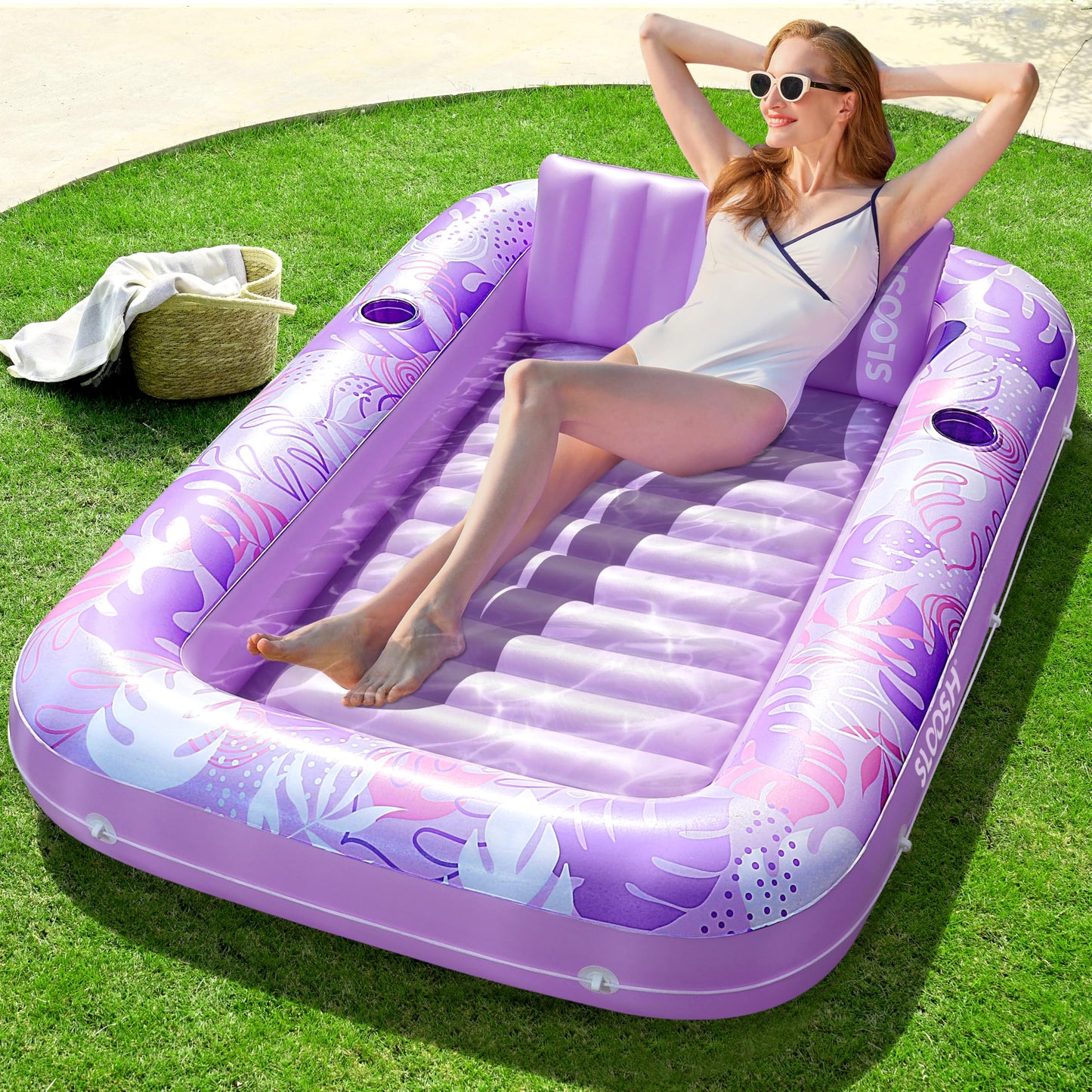 Sloosh Inflatable Tanning Pool Lounger Float — 70" x 46" with Pillow, 4-in-1 Suntan Tub Raft