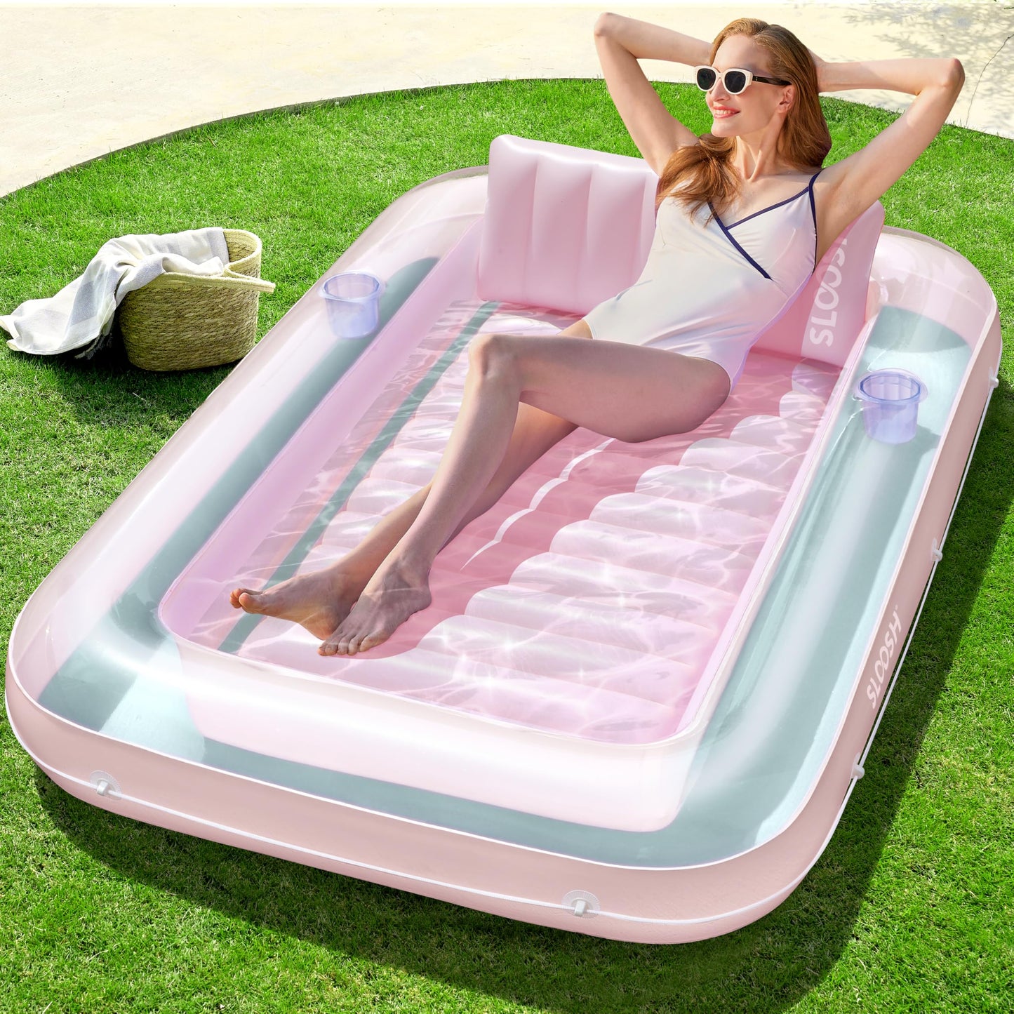 Sloosh Inflatable Tanning Pool Lounger 70x46 in | Sunbathing Pool Float with Pillow