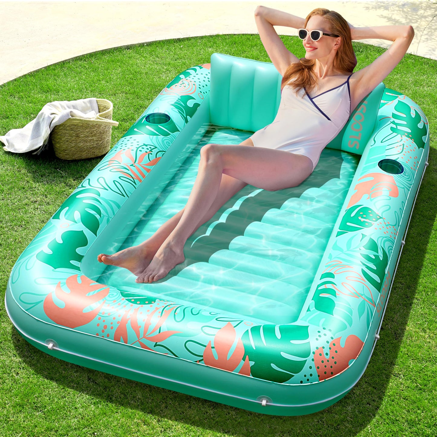 Sloosh Inflatable Tanning Pool Lounger 70x46 4-in-1 Sunbed Float with Pillow