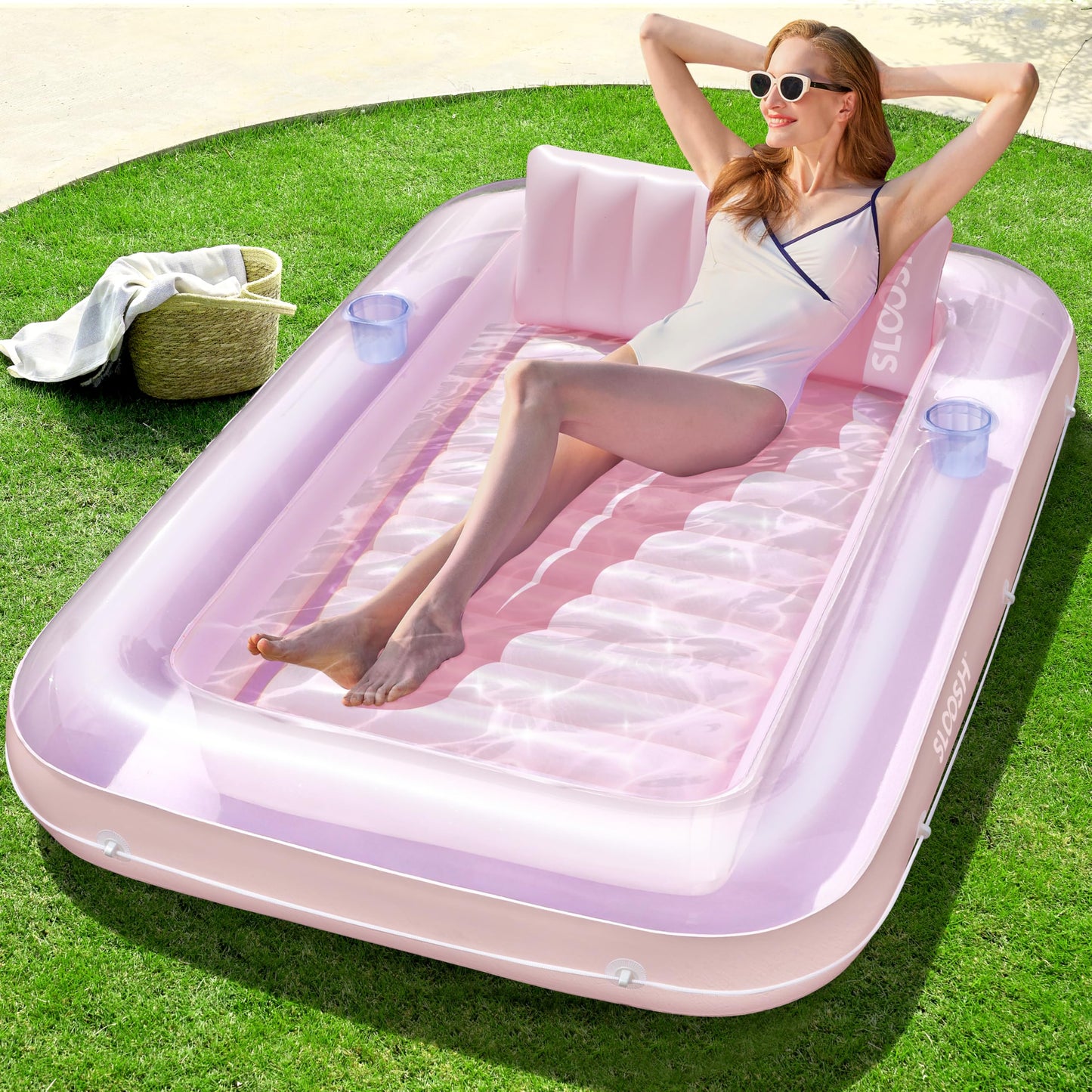 SLOOSH Inflatable Tanning Pool Lounger Float – 70 x 46 in, 4-in-1 Sunbathing Bed with Pillow
