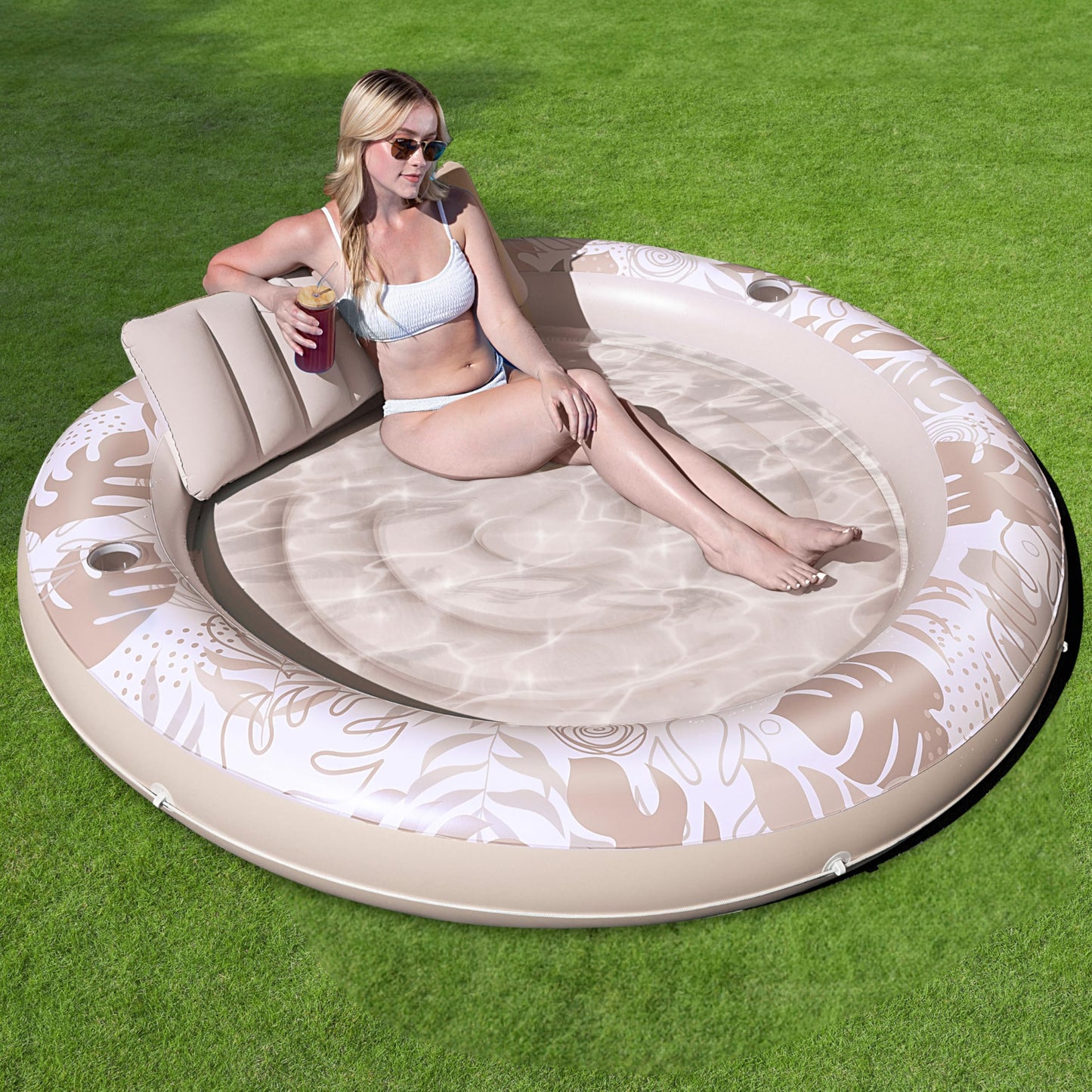 Sloosh Inflatable Tanning Pool Lounger Float – 72-Inch Round Sunbathing Bed with Pillow