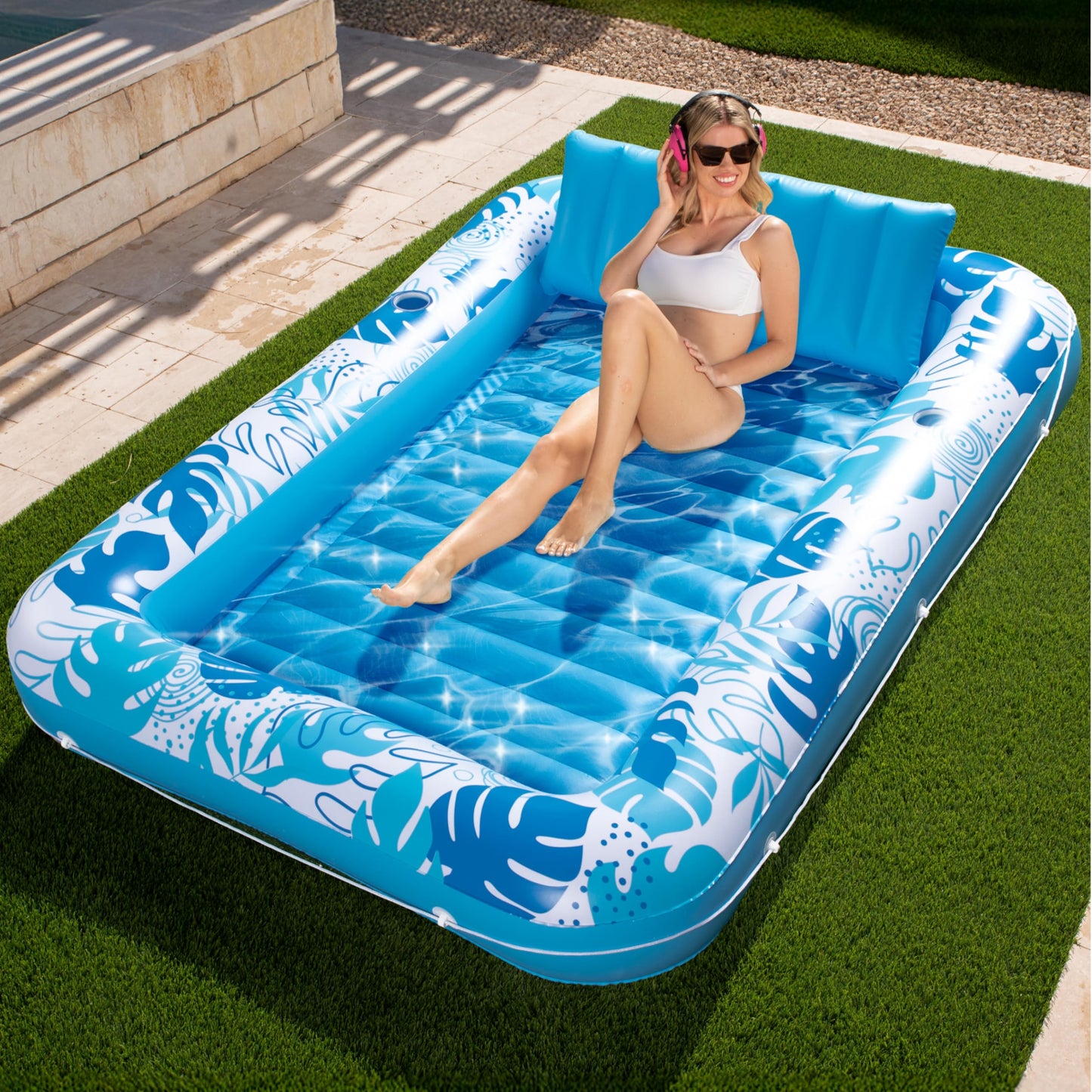 SLOOSH Inflatable Tanning Pool Lounger Float – 85 x 57 in, XL Blue, 4-in-1 Suntan Tub Raft