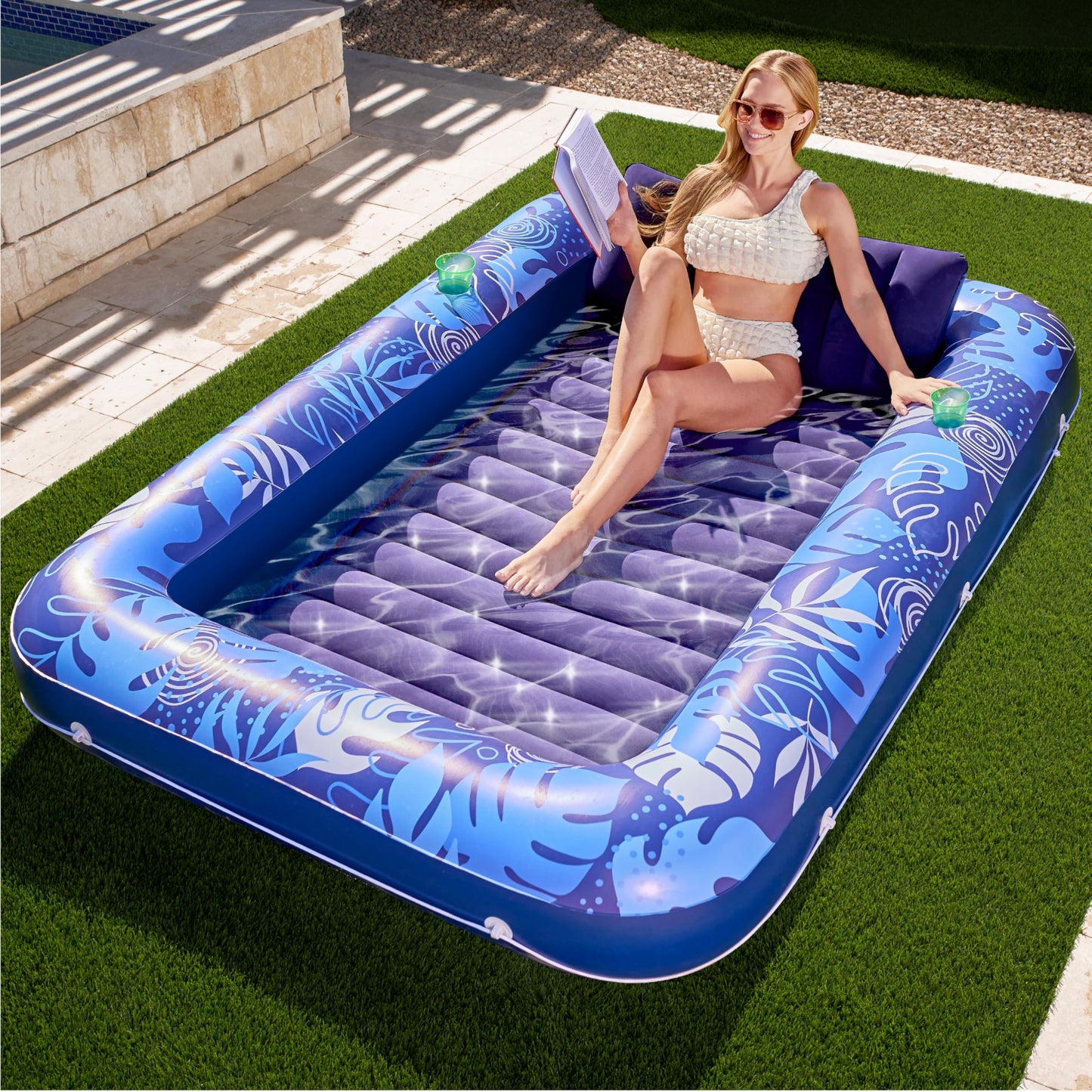 Sloosh Inflatable Tanning Pool Lounger Float — XL 85 x 57, 4-in-1 Sunbed, Dark Blue
