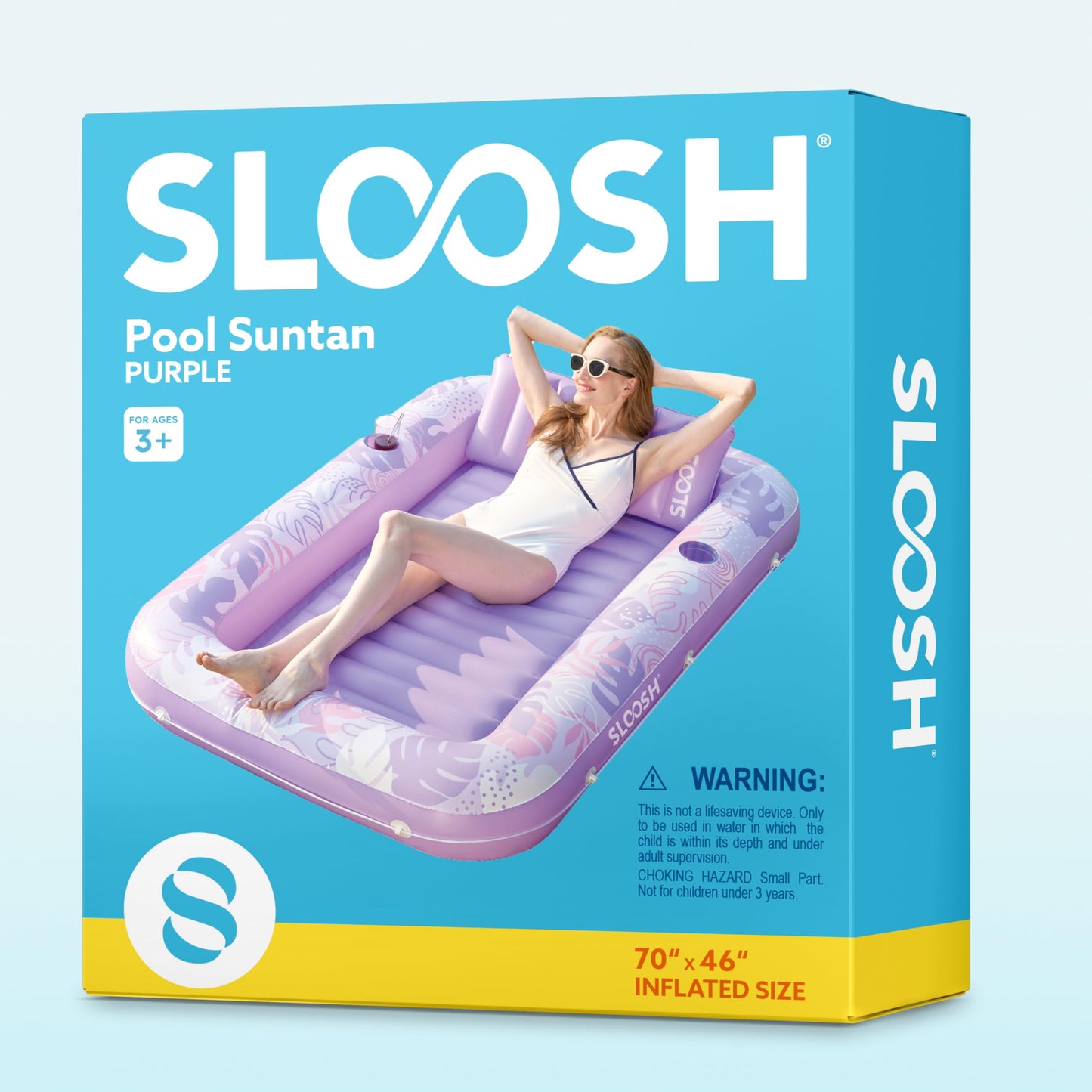 Sloosh Inflatable Tanning Pool Lounger Float — 70" x 46" with Pillow, 4-in-1 Suntan Tub Raft