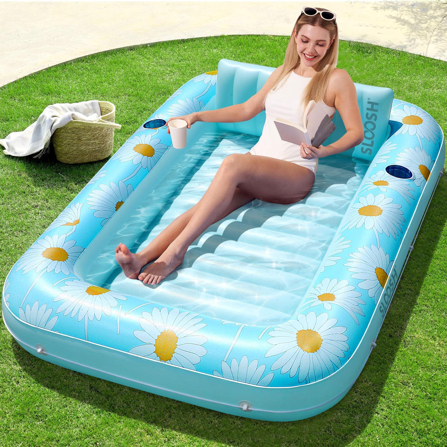 Sloosh Inflatable Tanning Pool Lounger – 70 x 46 in Blue Marble with Pillow