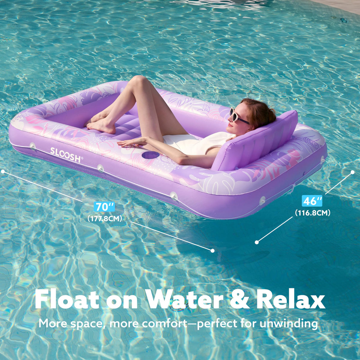 Sloosh Inflatable Tanning Pool Lounger Float — 70" x 46" with Pillow, 4-in-1 Suntan Tub Raft
