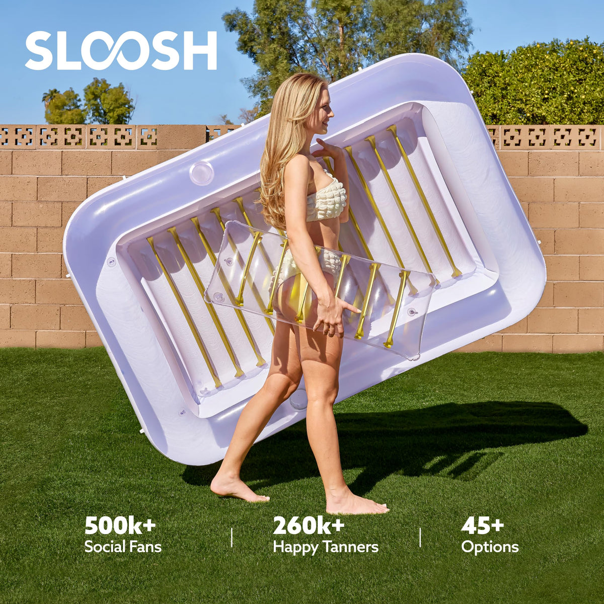 Sloosh Inflatable Tanning Pool Lounger Float – 70 x 46 in, Pillow & 4-in-1 Suntan Tub (Golden White)