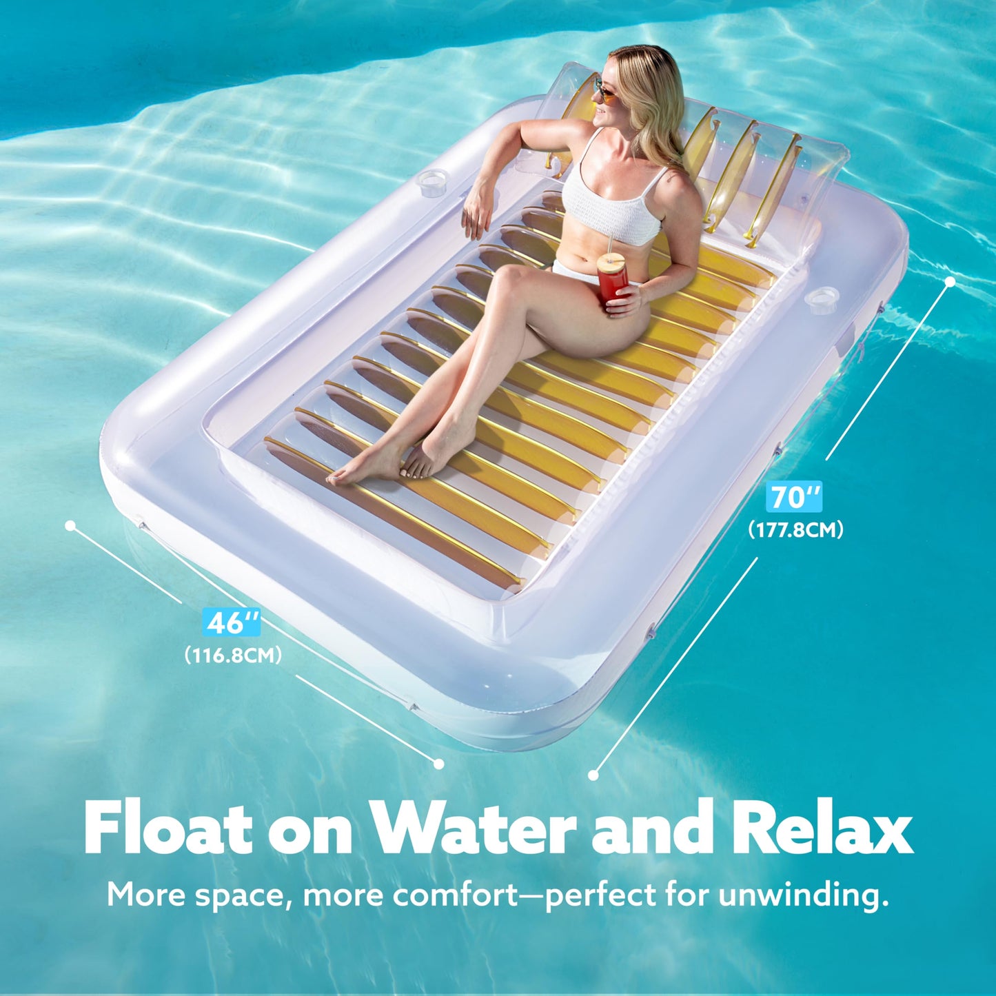 Sloosh Inflatable Tanning Pool Lounger Float – 70 x 46 in, Pillow & 4-in-1 Suntan Tub (Golden White)