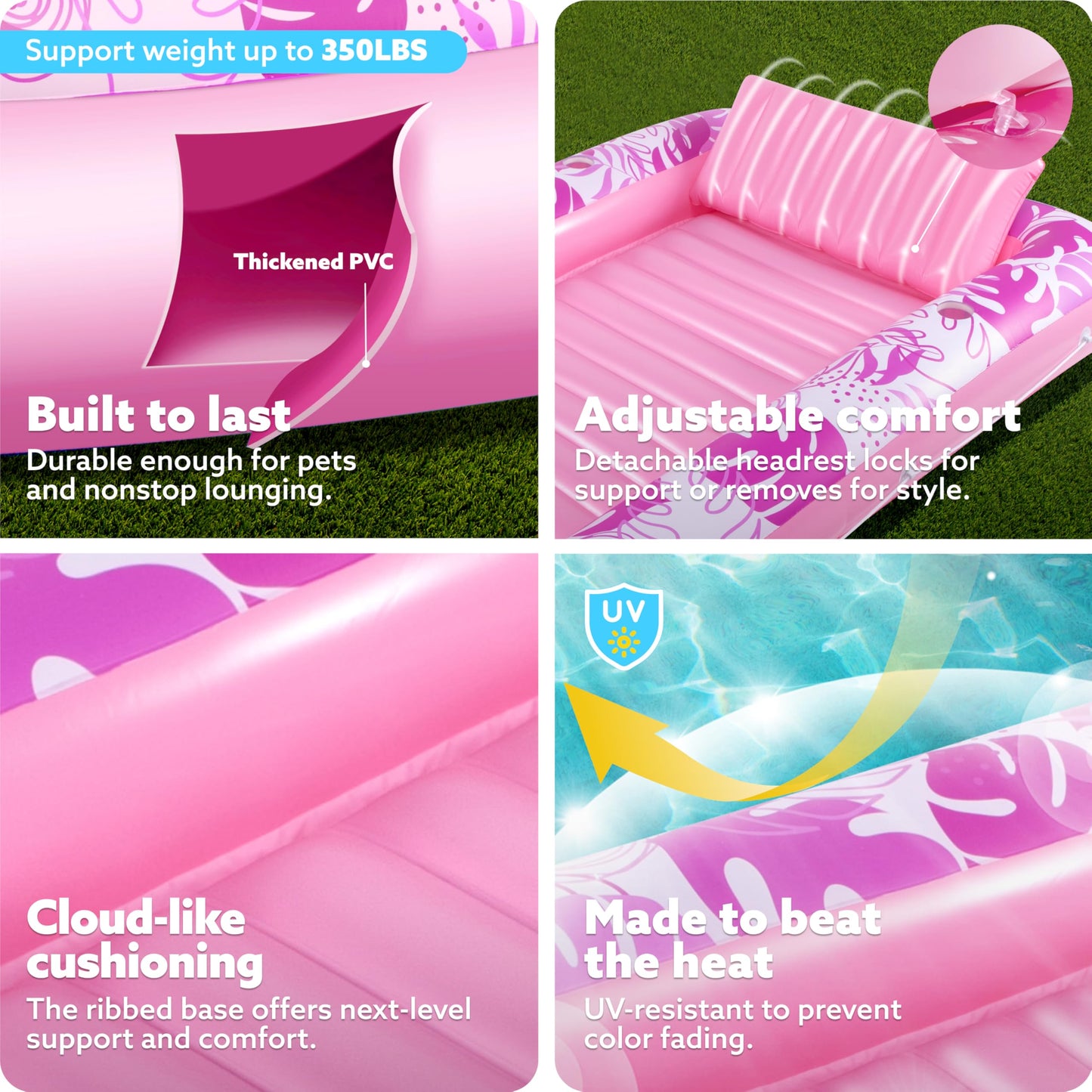 SLOOSH Inflatable Tanning Pool Lounger XL 85x57 Hot Pink – 4-in-1 Suntan Tub