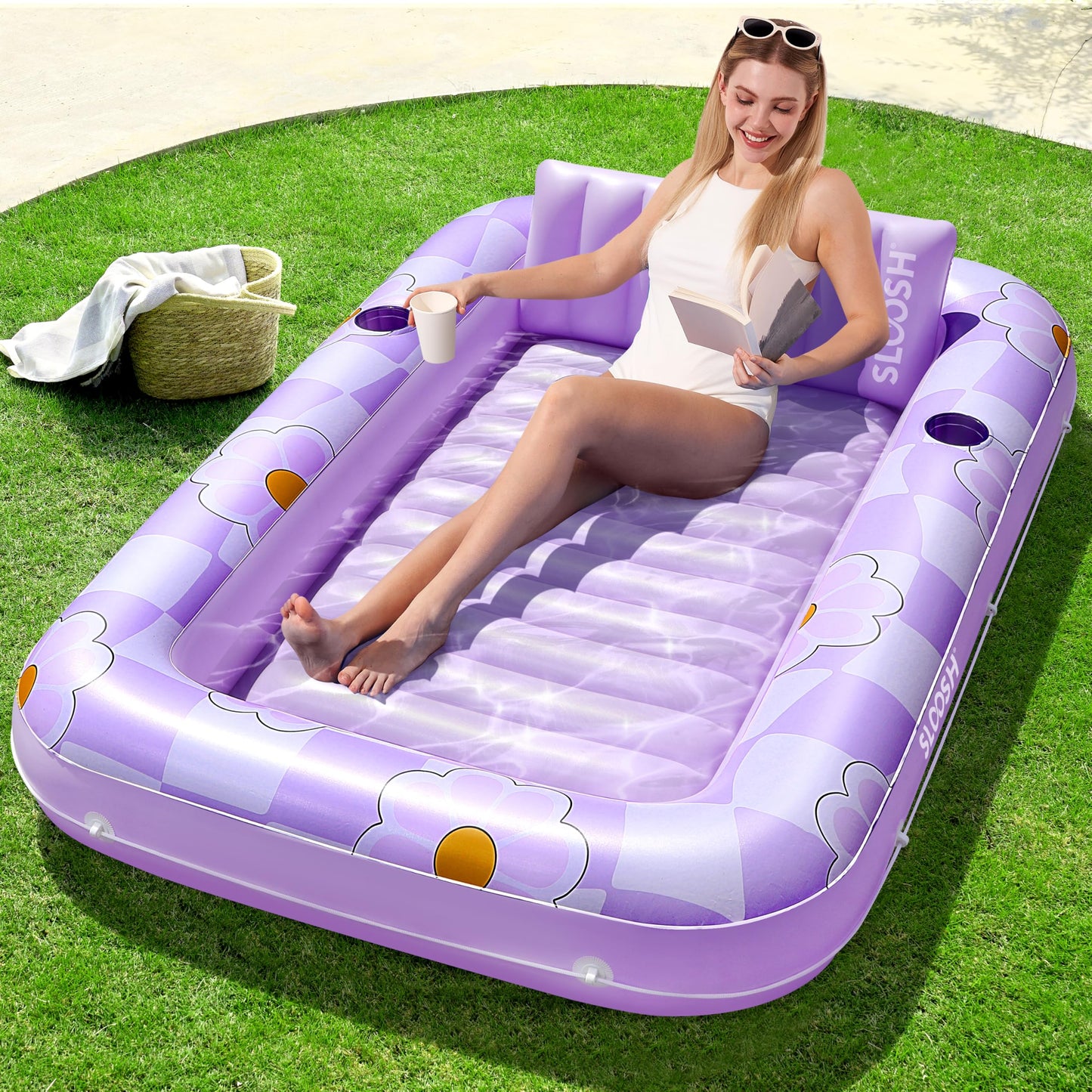 Sloosh Inflatable Tanning Pool Lounger Float – 70 x 46 in, Purple Chase Flower, 4-in-1 Sunbathing Tub