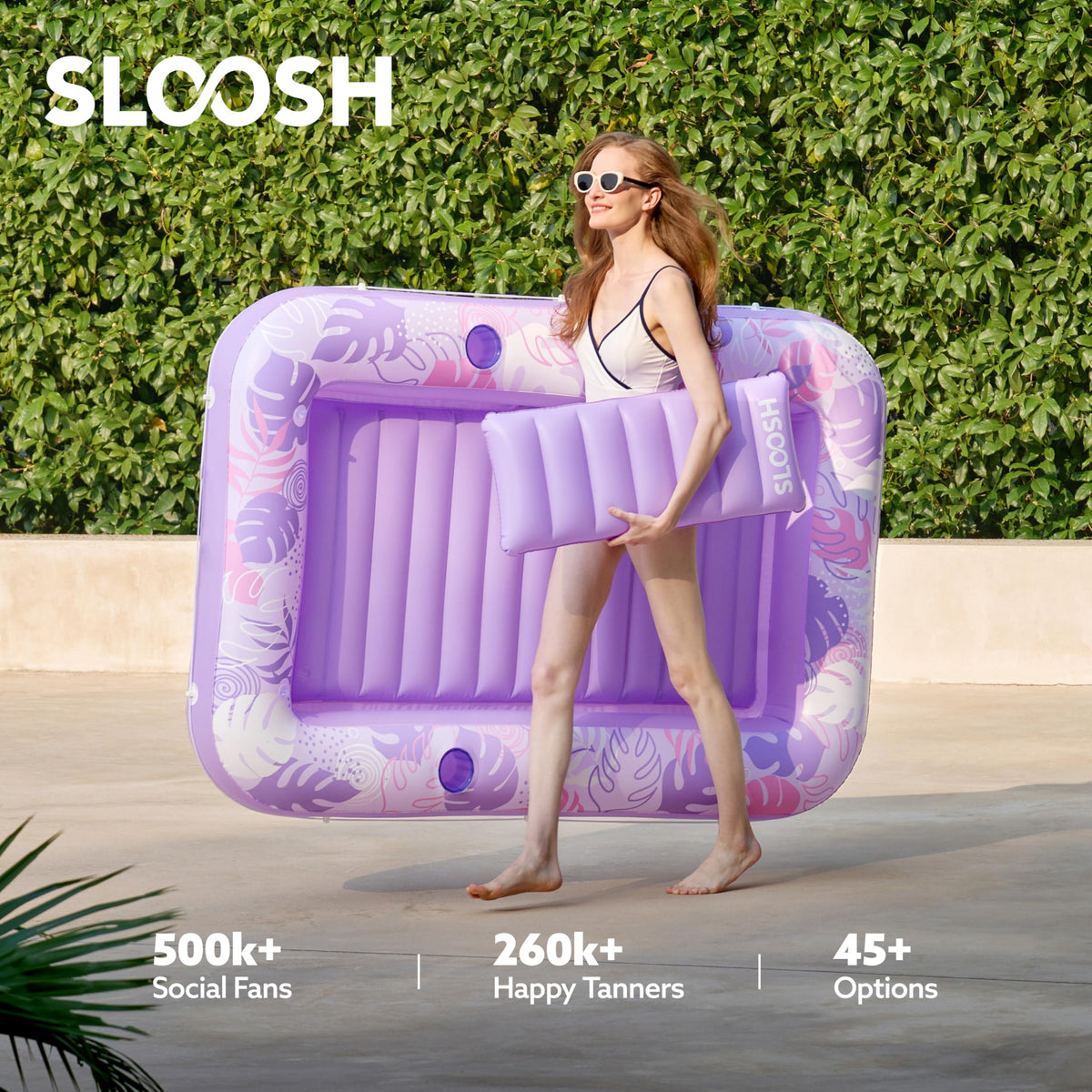 Sloosh Inflatable Tanning Pool Lounger Float — 70" x 46" with Pillow, 4-in-1 Suntan Tub Raft