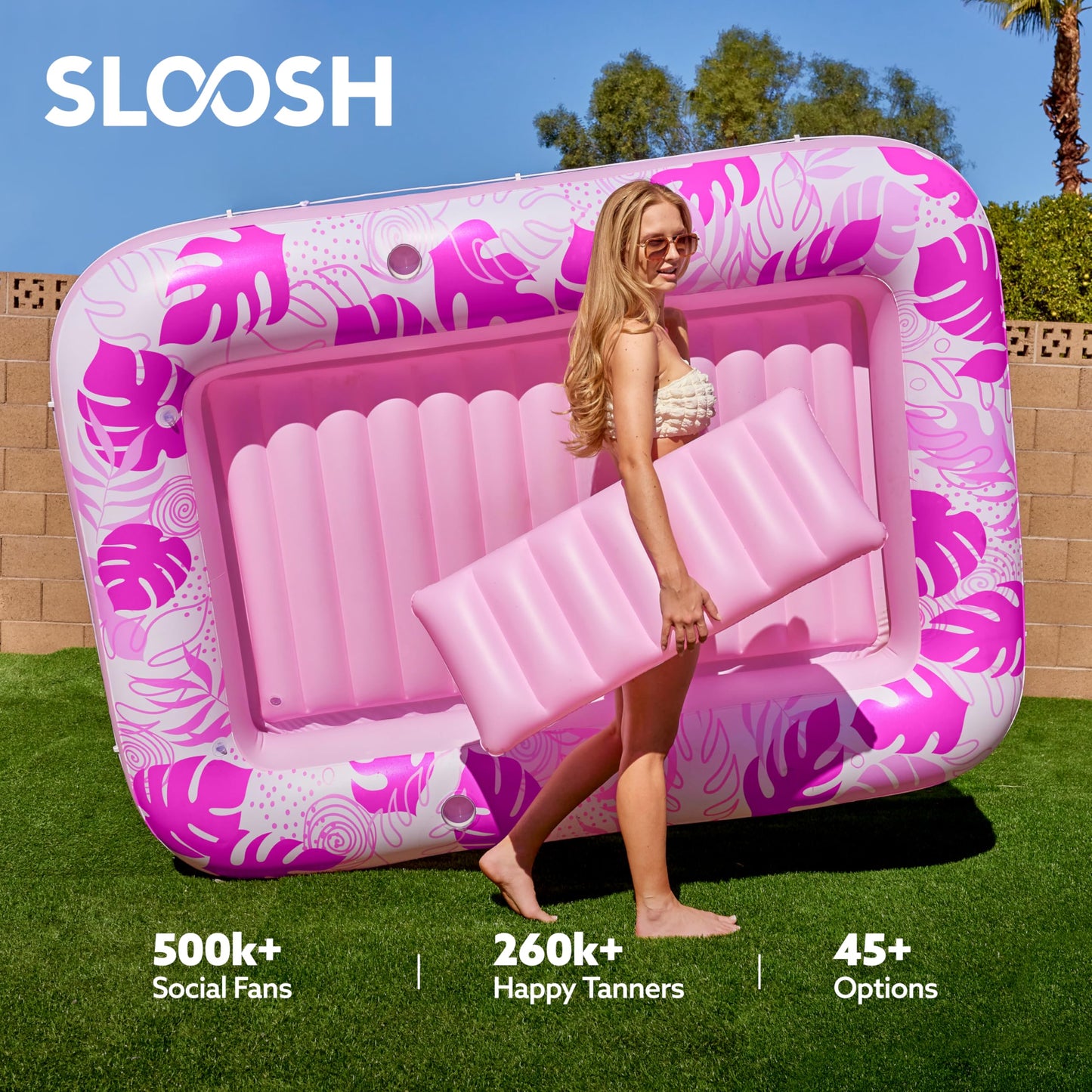 SLOOSH Inflatable Tanning Pool Lounger XL 85x57 Hot Pink – 4-in-1 Suntan Tub