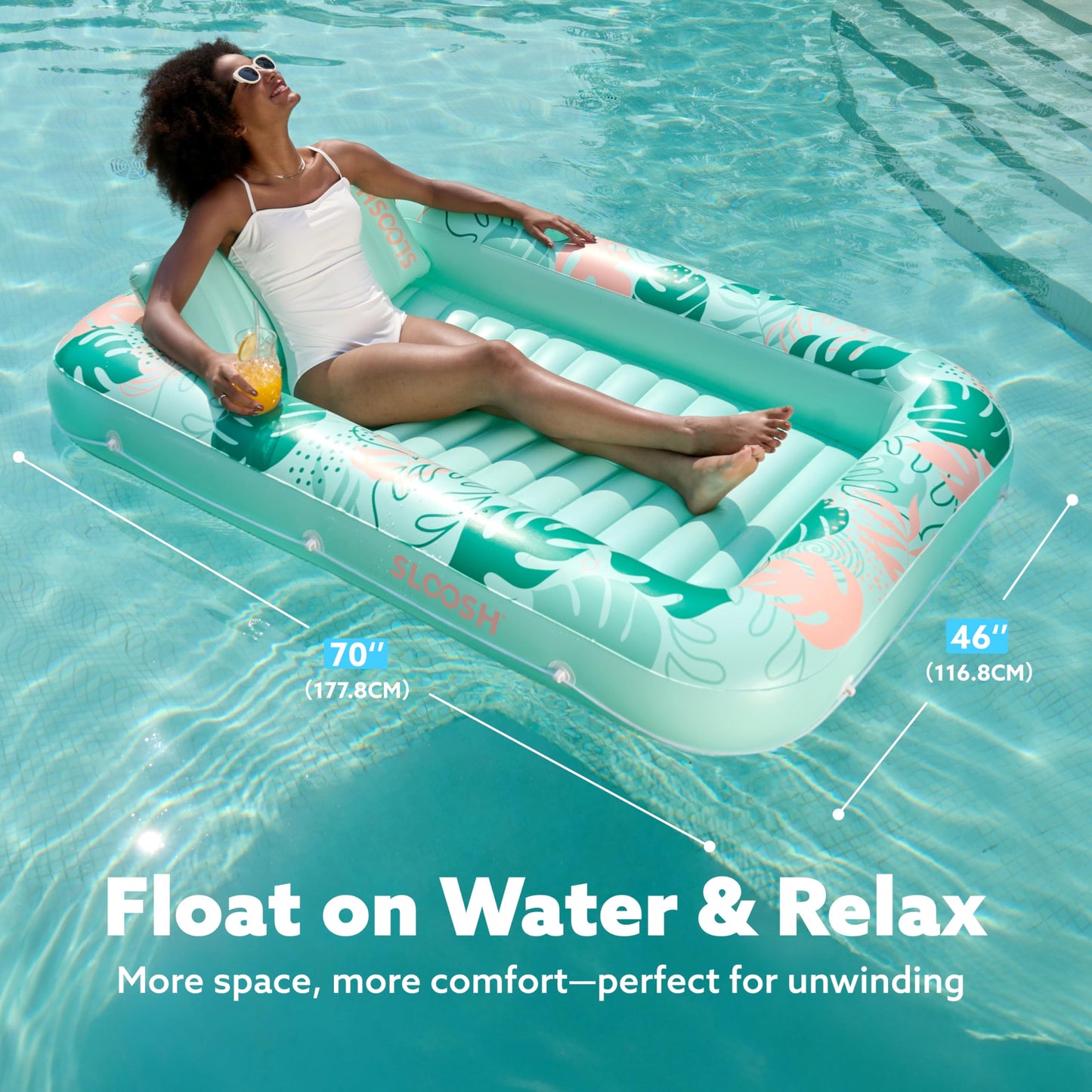 Sloosh Inflatable Tanning Pool Lounger 70x46 4-in-1 Sunbed Float with Pillow