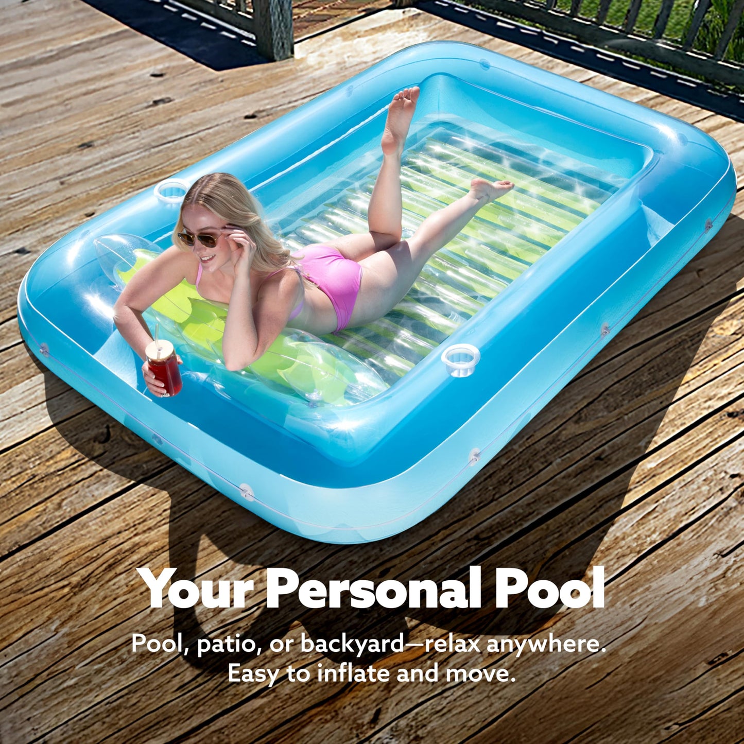 Sloosh Inflatable Tanning Pool Lounger – 85x57 in XL Blue Green, 4-in-1 Suntan Tub Raft