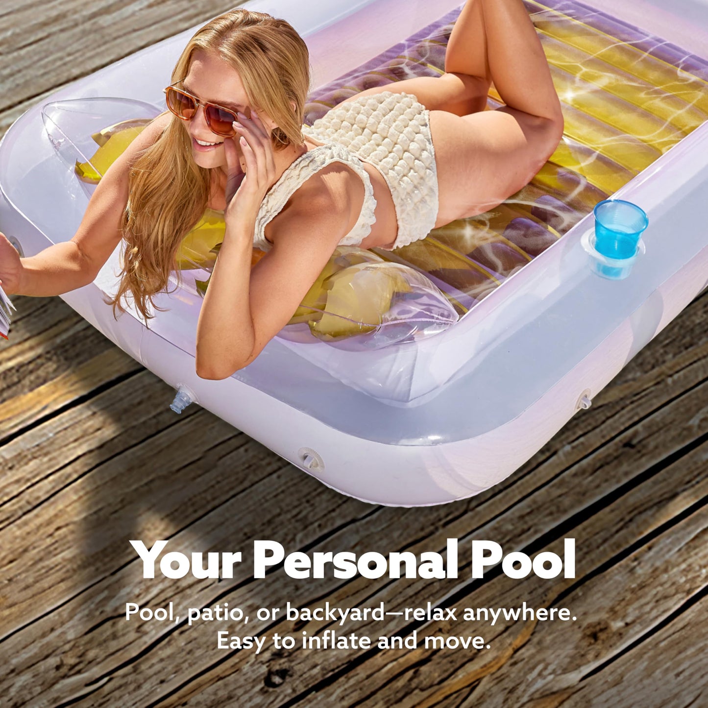 Sloosh Inflatable Tanning Pool Lounger Float – 70 x 46 in, Pillow & 4-in-1 Suntan Tub (Golden White)