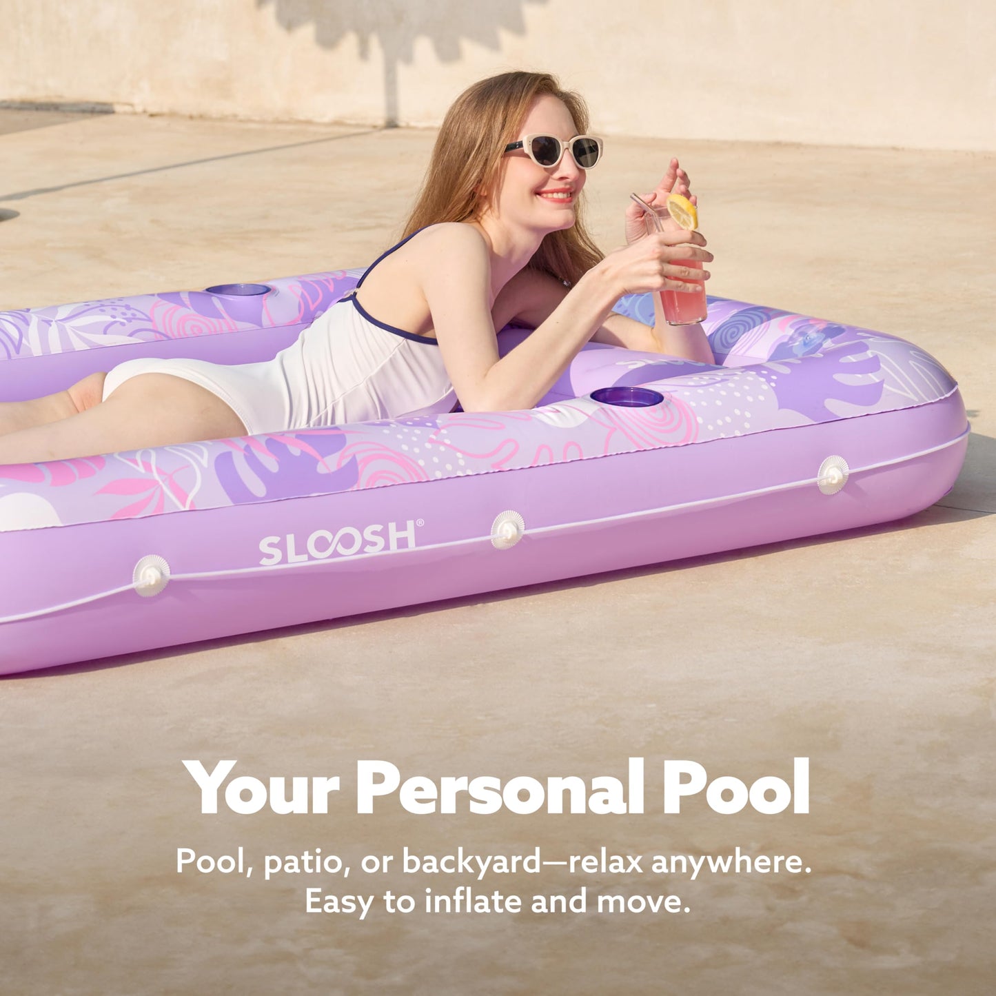 Sloosh Inflatable Tanning Pool Lounger Float — 70" x 46" with Pillow, 4-in-1 Suntan Tub Raft