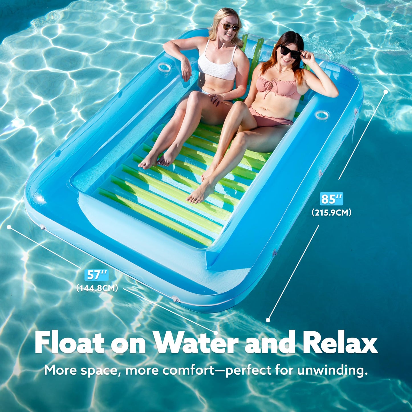 Sloosh Inflatable Tanning Pool Lounger – 85x57 in XL Blue Green, 4-in-1 Suntan Tub Raft
