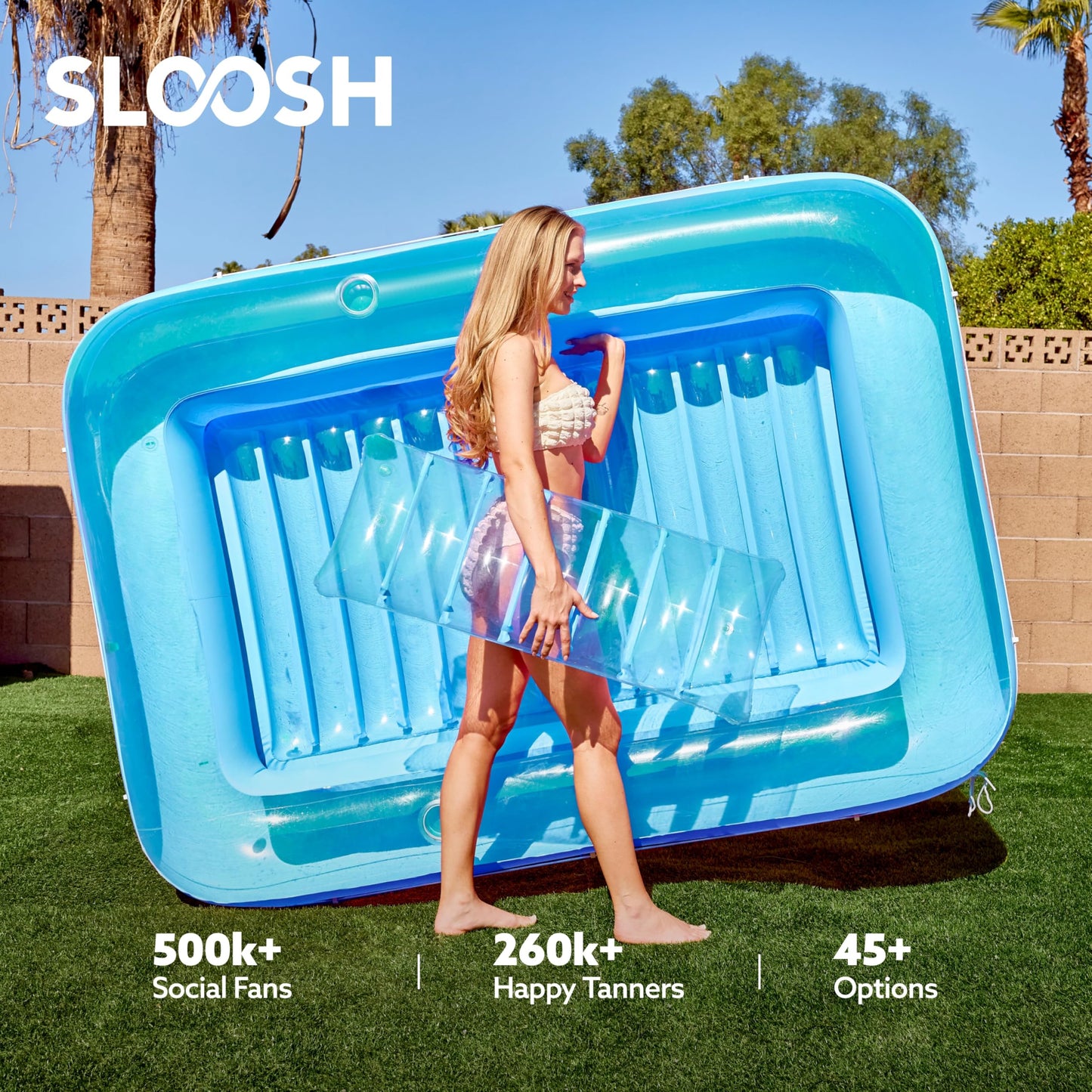 Sloosh Inflatable Tanning Pool Lounger XL Blue – 85 x 57 in, 4-in-1 Suntan Tub Raft