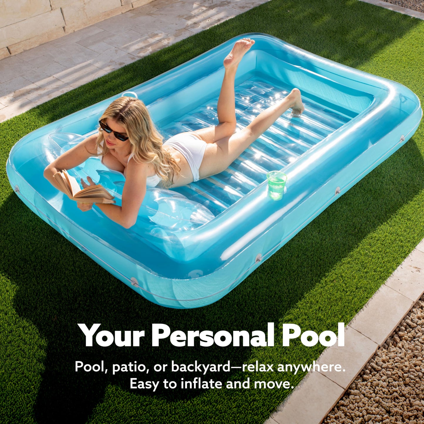 Sloosh Inflatable Tanning Pool Lounger XL Blue – 85 x 57 in, 4-in-1 Suntan Tub Raft