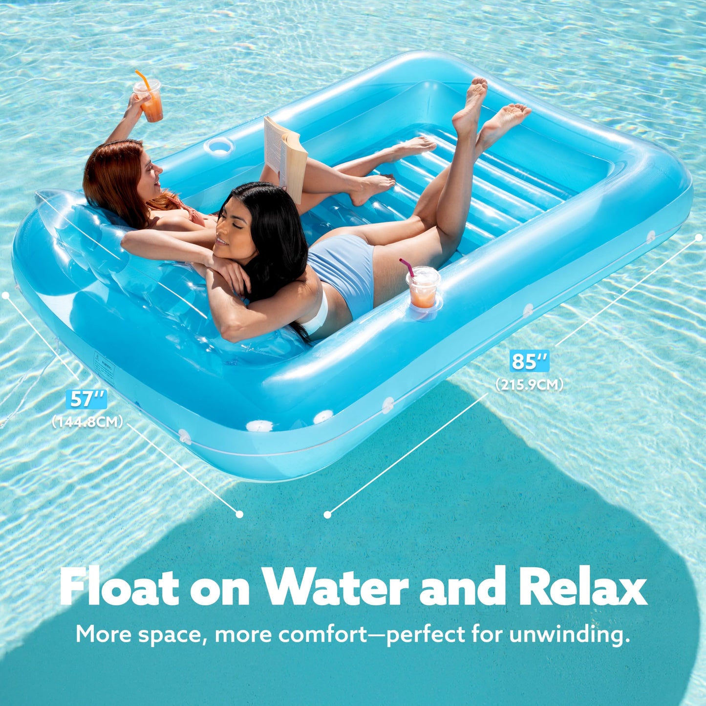 Sloosh Inflatable Tanning Pool Lounger XL Blue – 85 x 57 in, 4-in-1 Suntan Tub Raft