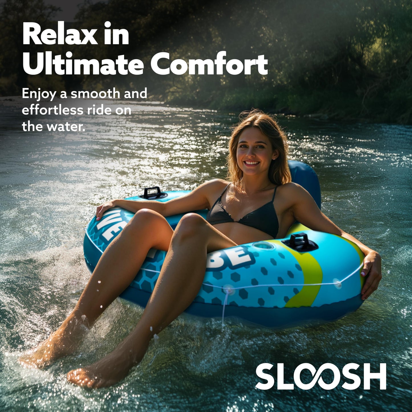 SLOOSH Inflatable River Tubes Float – Heavy Duty 53in Tube with Mesh Seat & Cup Holders