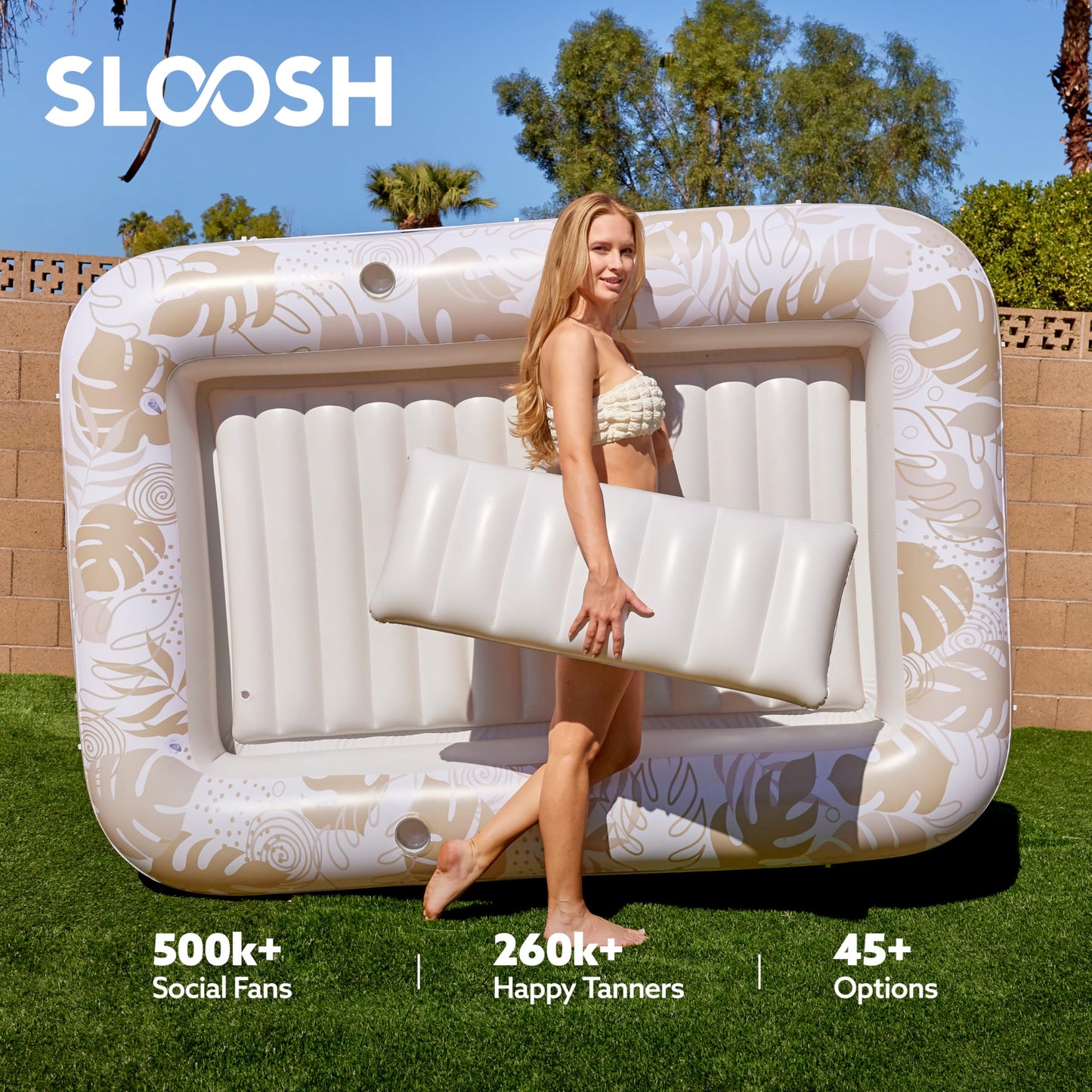 SLOOSH Inflatable Tanning Pool Lounger 85x57 — Extra Large Pool Float with Pillow, Drink Holders, and Grab Line