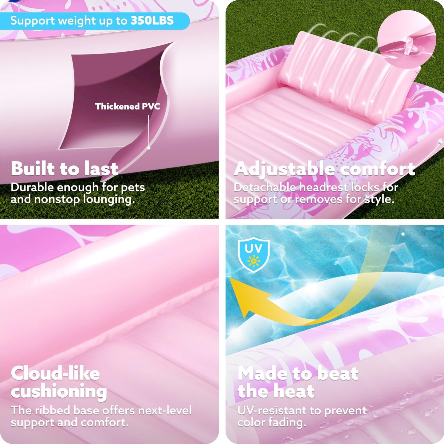 SLOOSH Inflatable Tanning Pool Lounger Float – XL 85x57 in, Blushing Pink