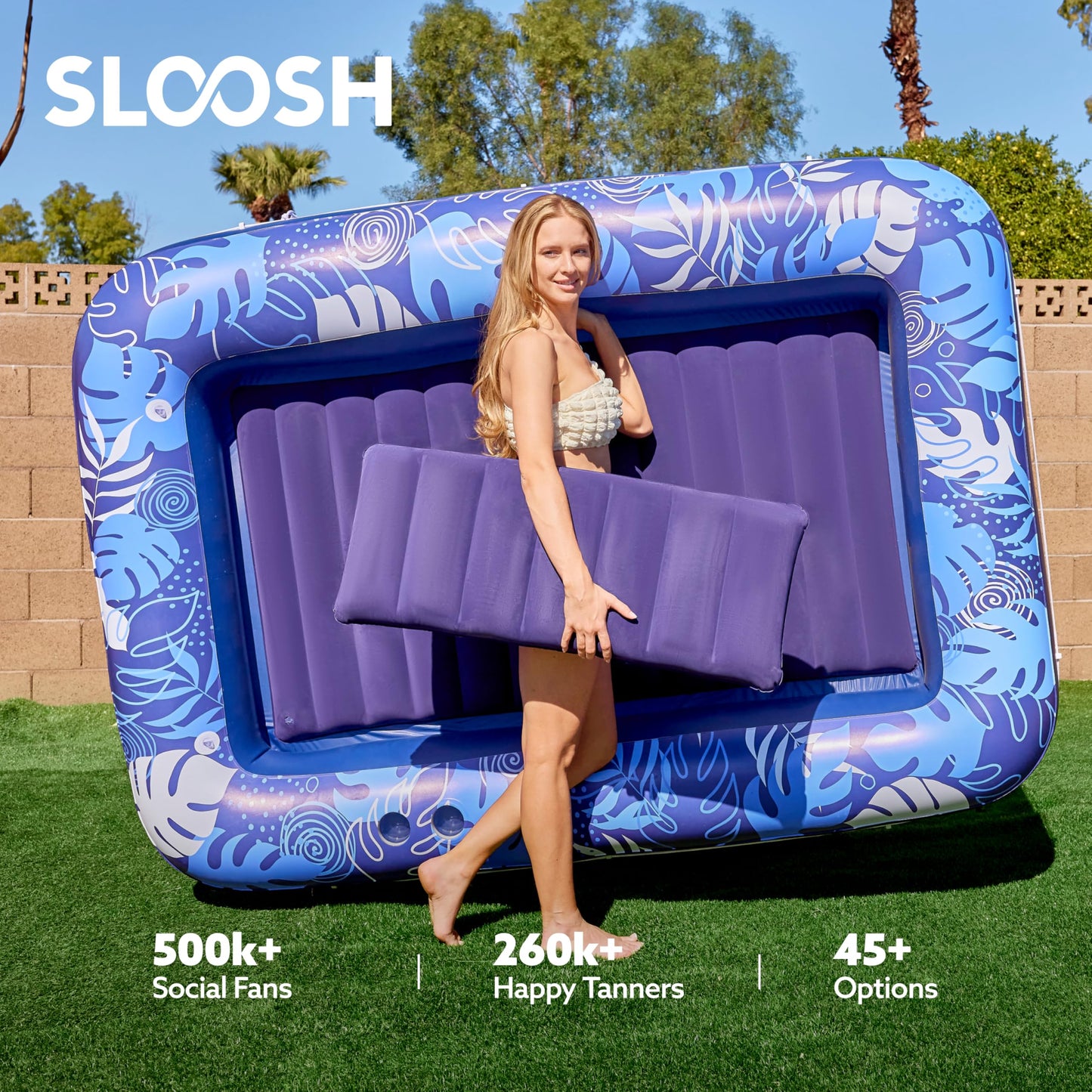 Sloosh Inflatable Tanning Pool Lounger Float — XL 85 x 57, 4-in-1 Sunbed, Dark Blue