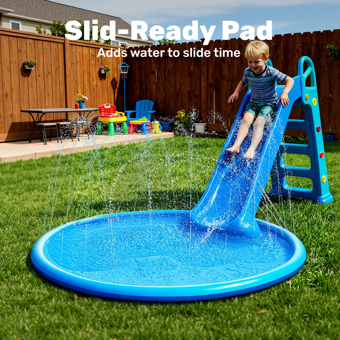 Sloosh 60-inch Non-Slip Splash Pad Sprinkler – 60in Outdoor Water Play Mat for Kids, Pets, Backyard (Blue)