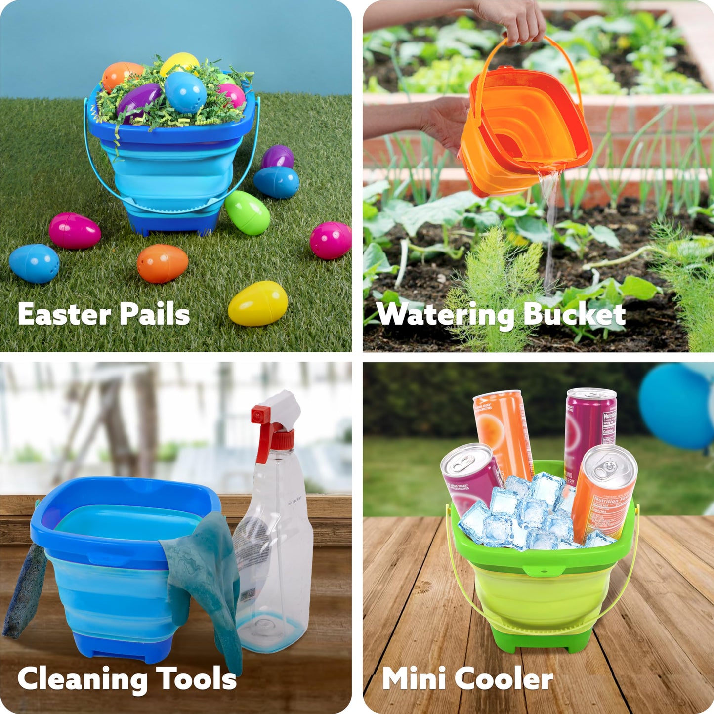 Sloosh 3-Pack Collapsible Sand Toys – Foldable Pail Buckets & Shovels (Orange/Blue/Green)
