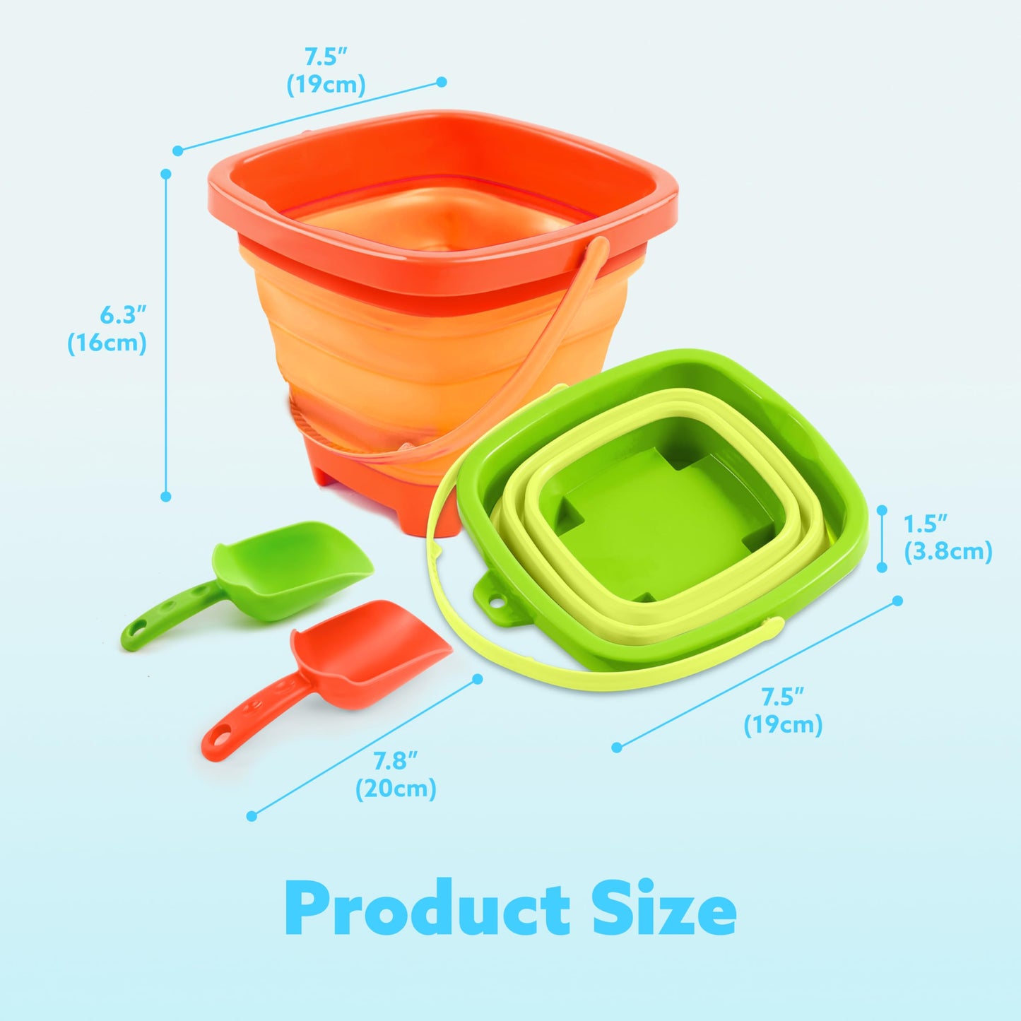 Sloosh 3-Pack Collapsible Sand Toys – Foldable Pail Buckets & Shovels (Orange/Blue/Green)
