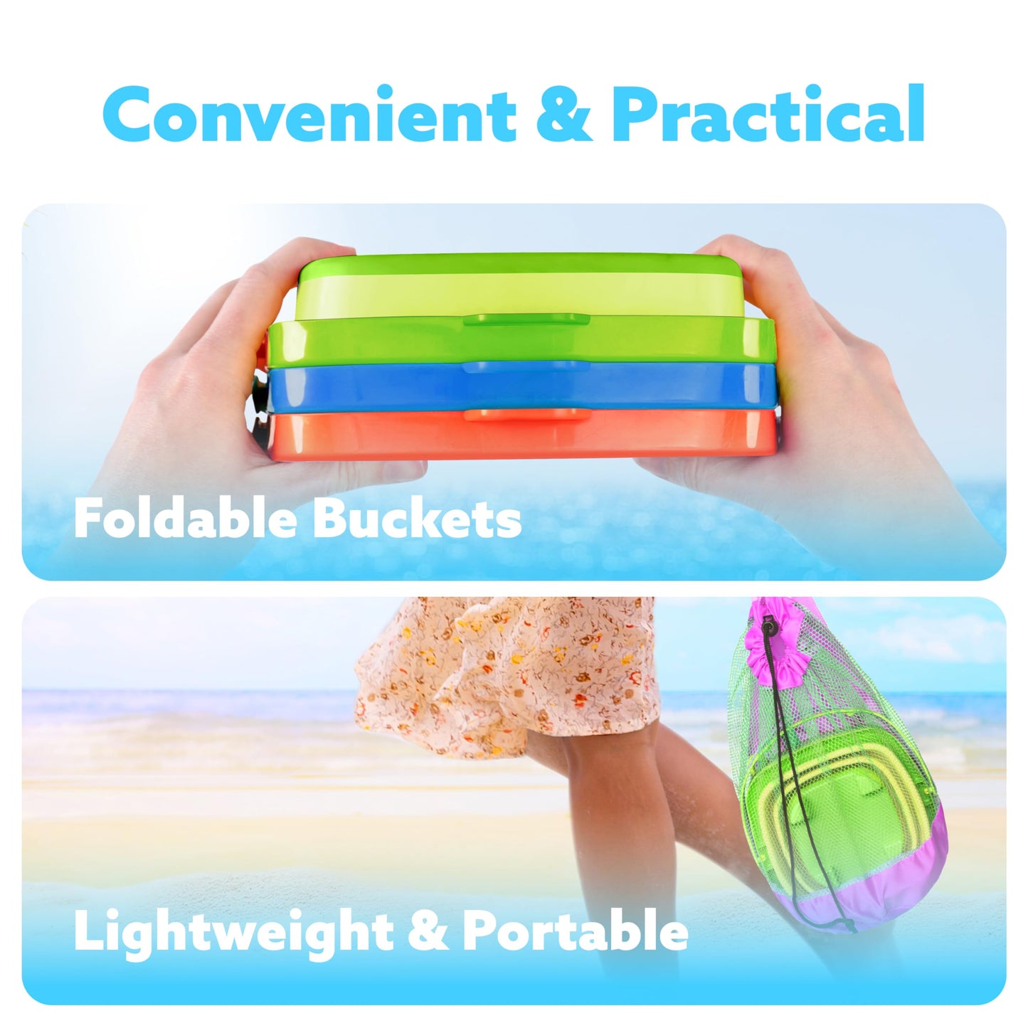 Sloosh 3-Pack Collapsible Sand Toys – Foldable Pail Buckets & Shovels (Orange/Blue/Green)