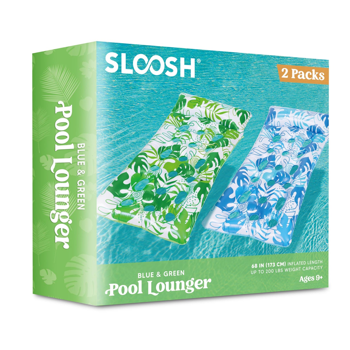 Sloosh 2-Pack Inflatable Pool Floats – XL Adult Loungers with Headrest (Blue/Green)