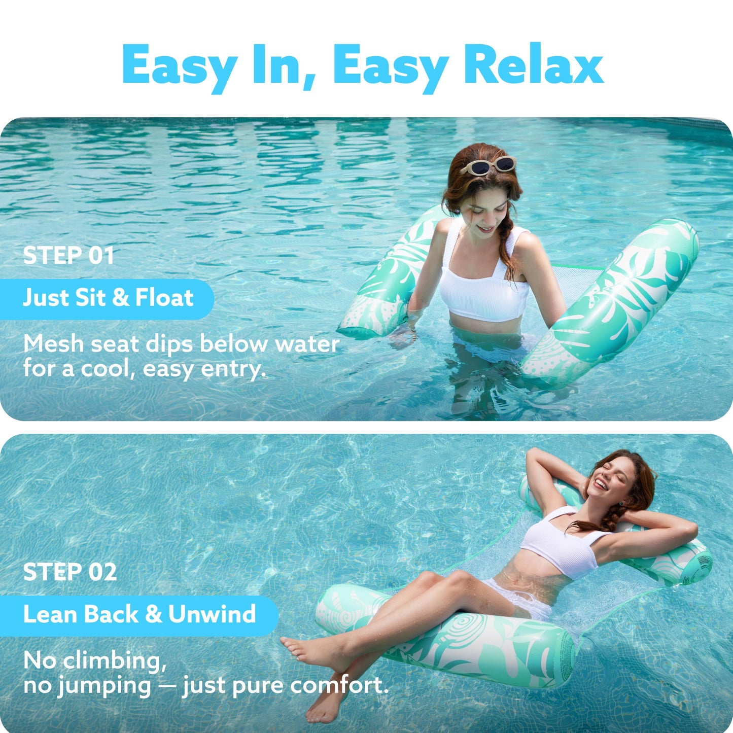 Sloosh 2 Tropical Leaves Packs – 4-in-1 Inflatable Pool Floats for Adults (Blue/Cyan)