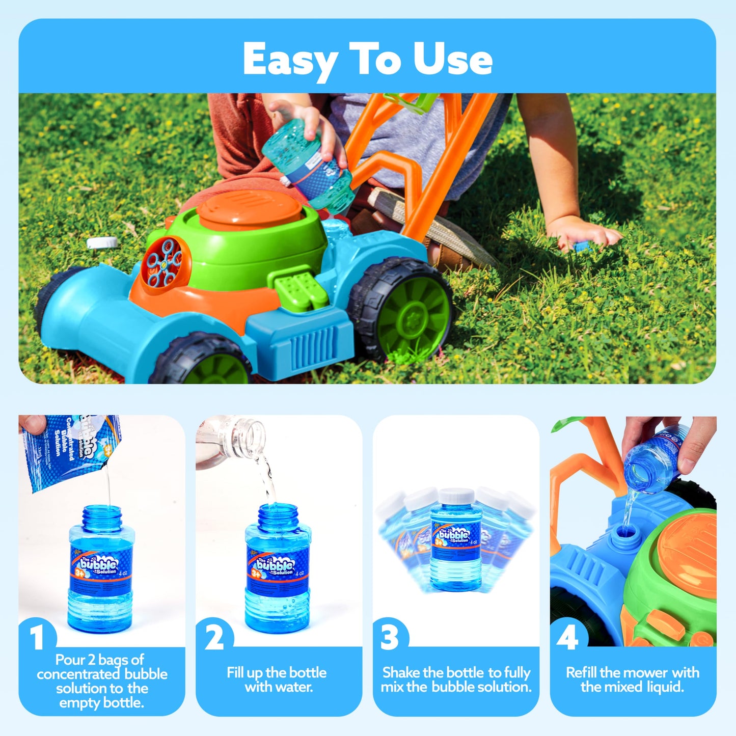 SLOOSH Bubble Lawn Mower Toddler Toy – Spill-Proof Bubble Machine for Indoor Outdoor Play
