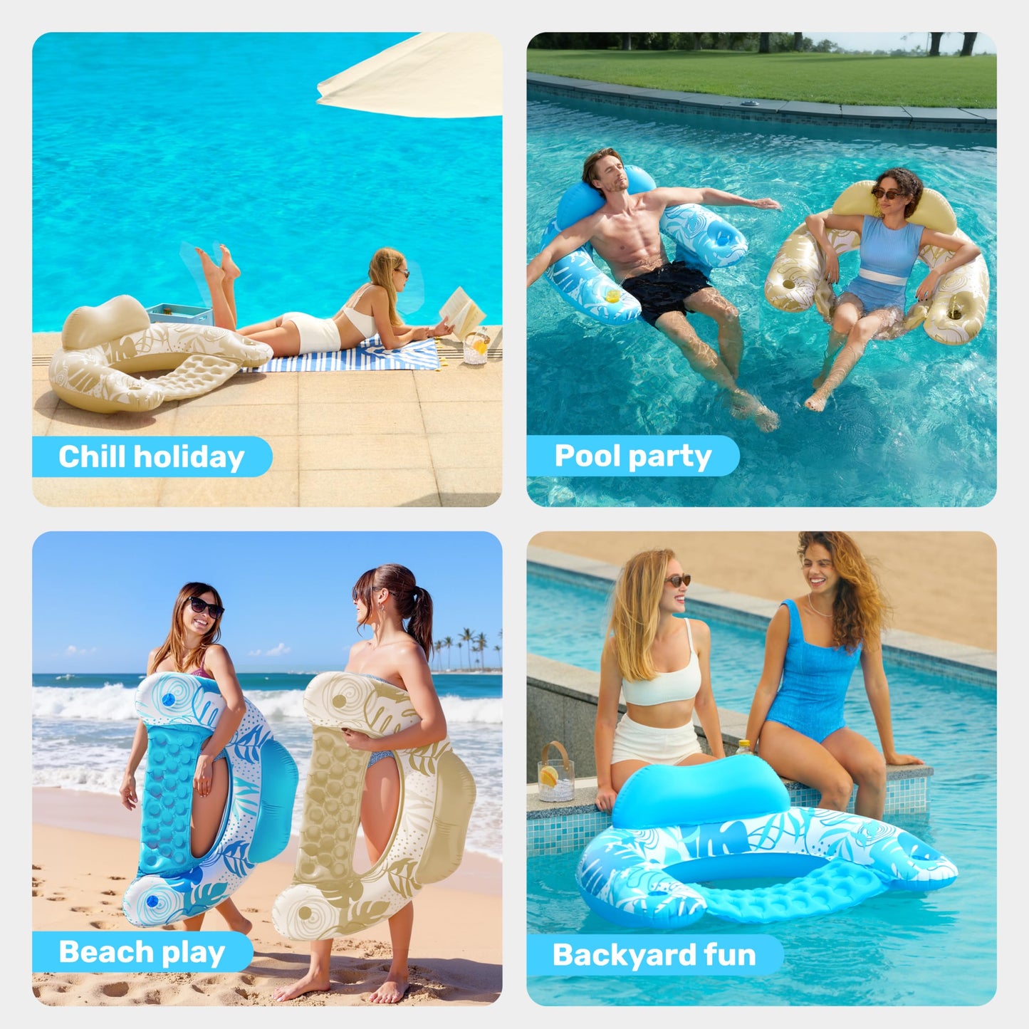 Sloosh Inflatable Pool Floats – 2-Pack Pool Chairs with Cup Holders (Blue & Champagne)