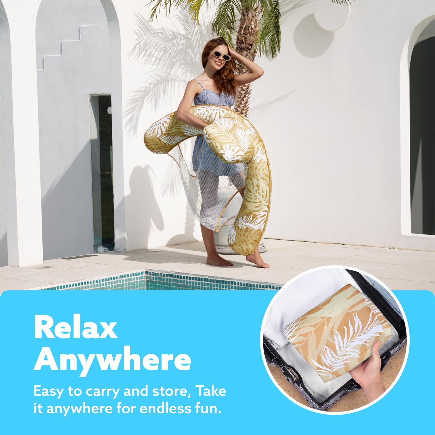 Sloosh Inflatable Pool Noodle Chair – Plant Pattern Floating Hammock (Champagne)