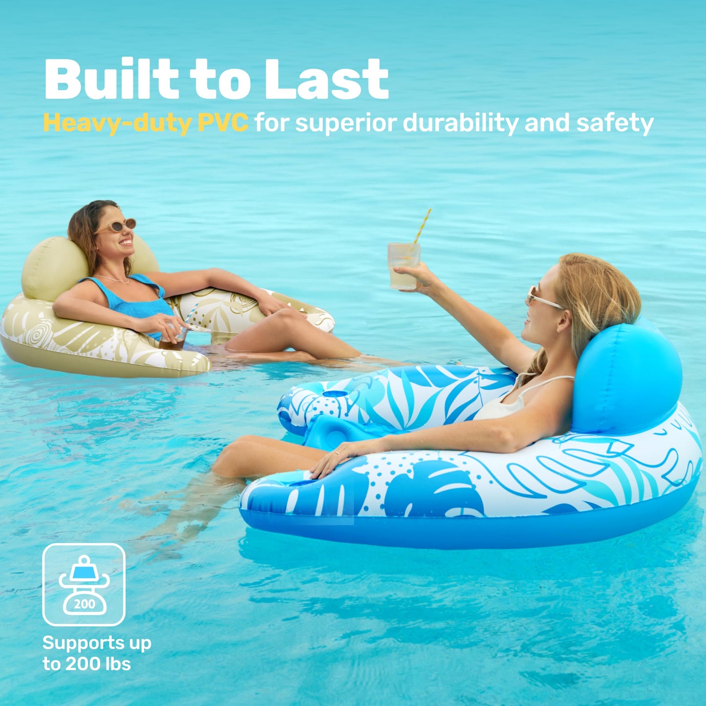 Sloosh Inflatable Pool Floats – 2-Pack Pool Chairs with Cup Holders (Blue & Champagne)