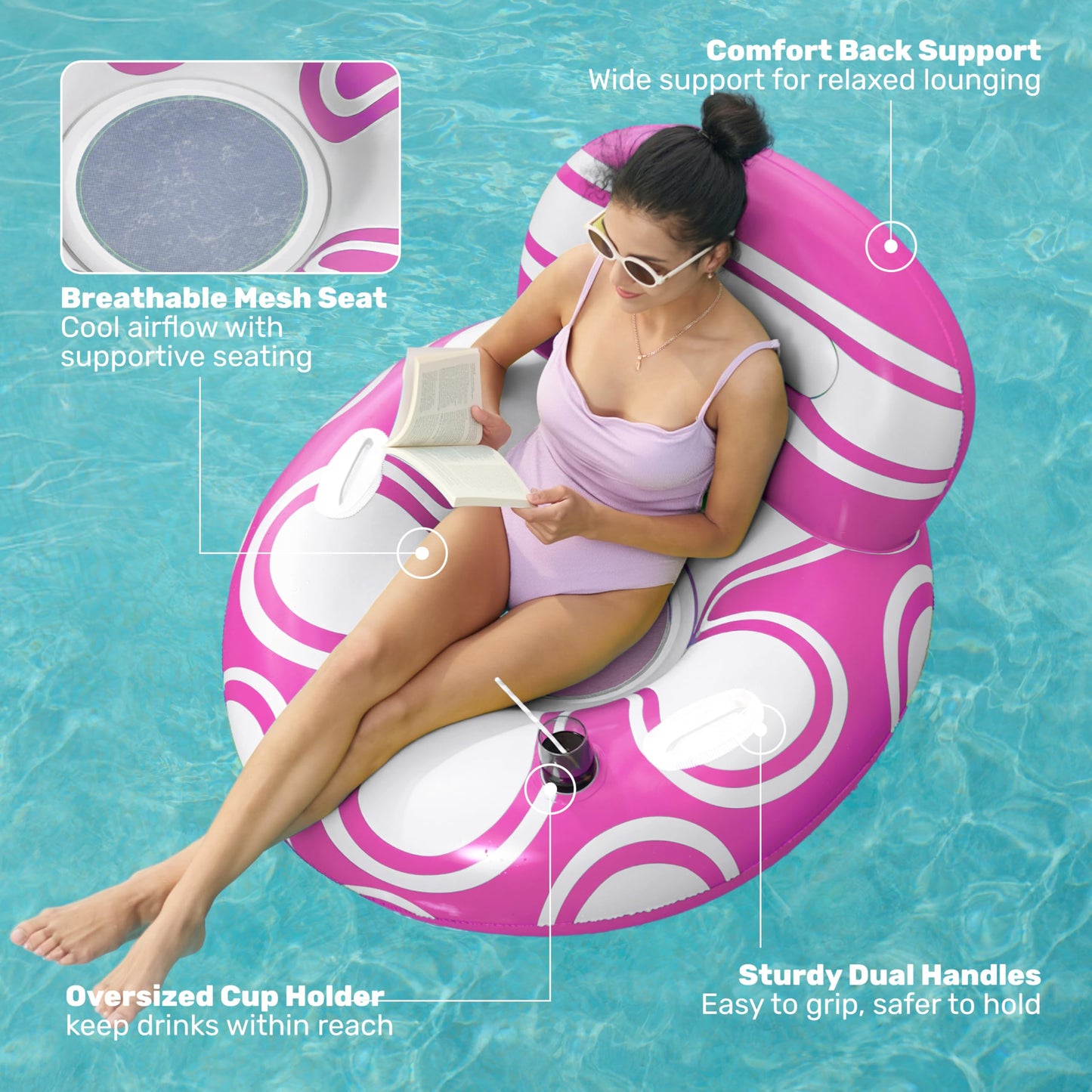 Sloosh Inflatable Pool Float Chair — Big Backrest, Mesh Seat, Cup Holders | Pink & White