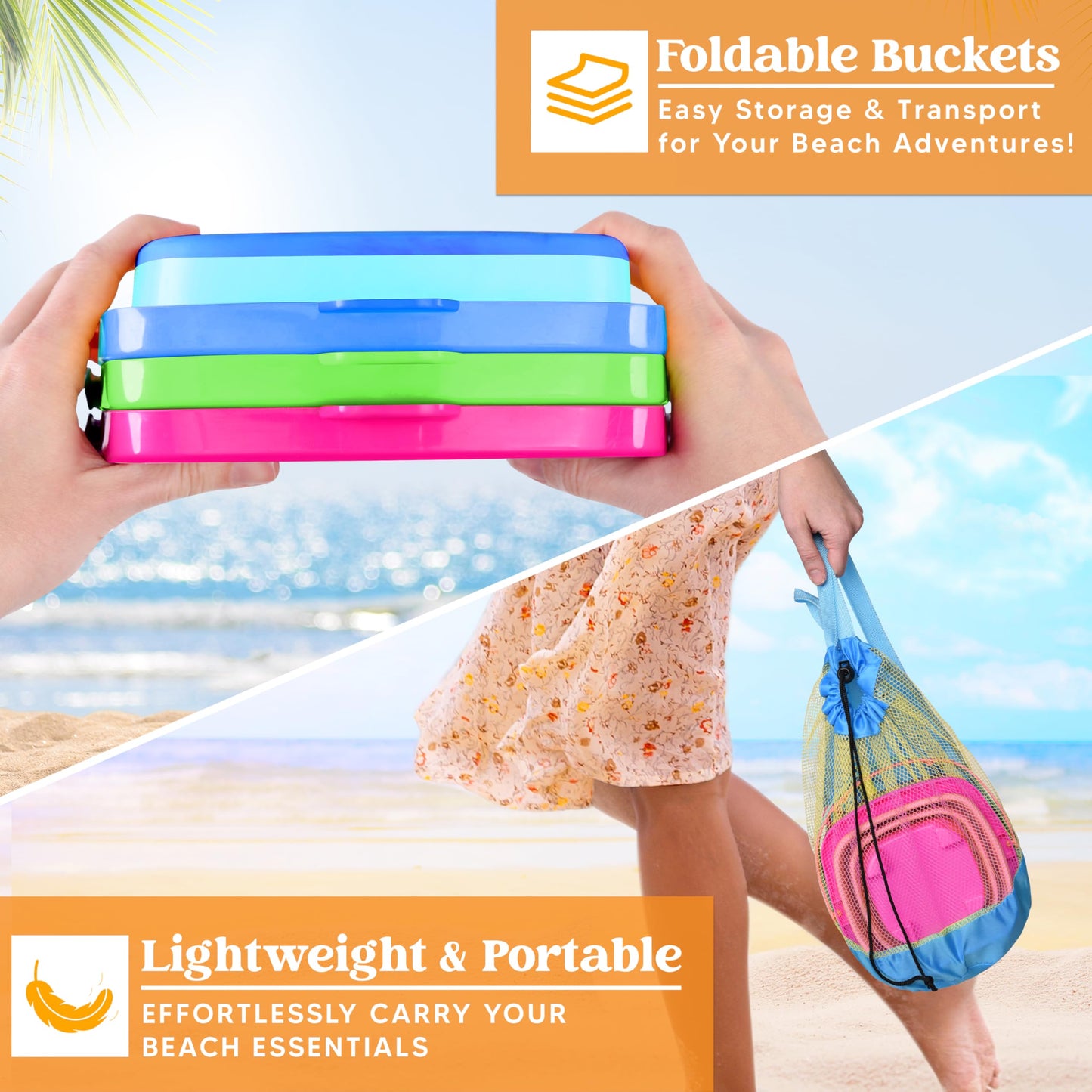 Sloosh 3-Piece Foldable Buckets with Shovels – Beach Sand Toys Set