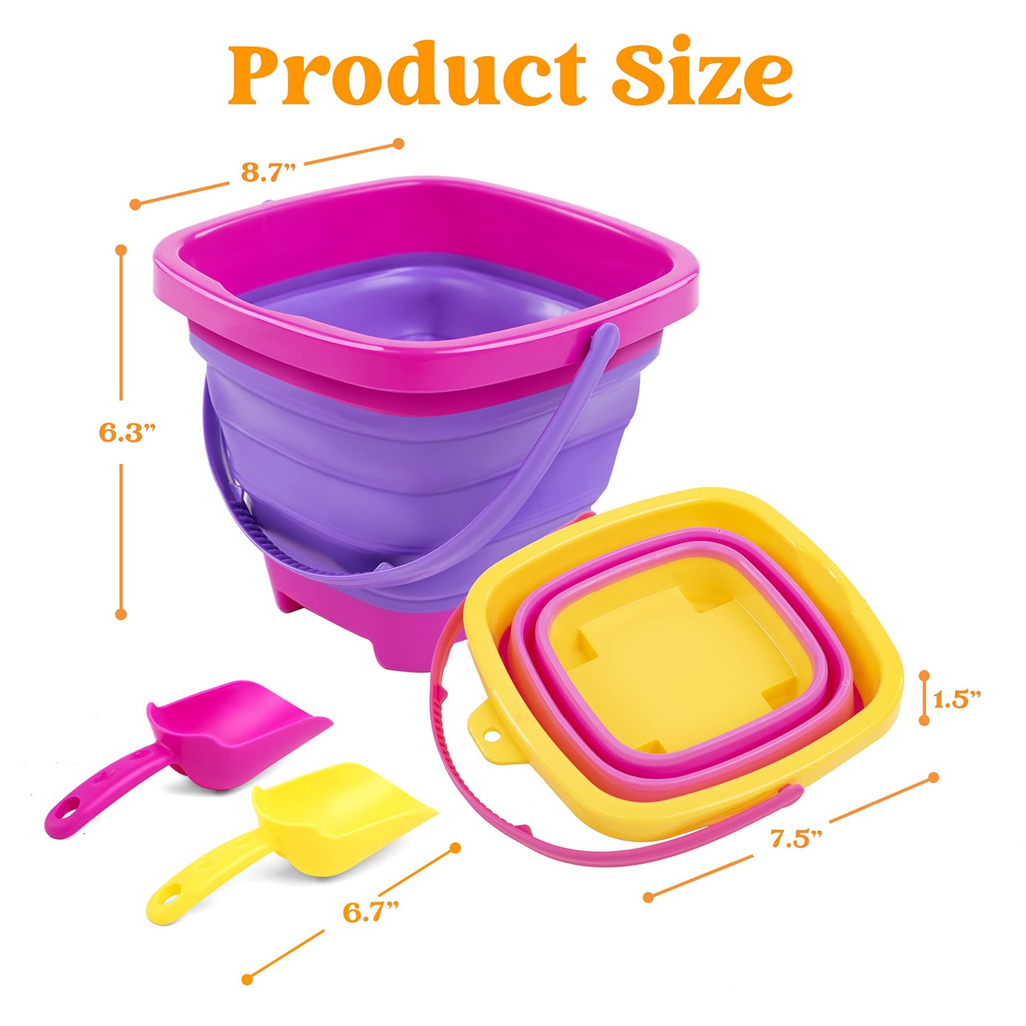 Sloosh 3 Packs Foldable Bucket Set with Sand Shovels & Mesh Backpack – Pink/Purple/Green
