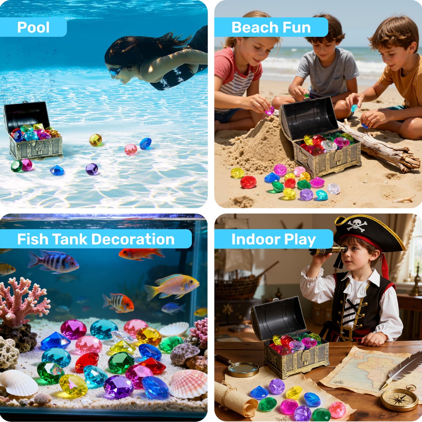 Sloosh Diving Gems Pool Toys – 16 Colorful Acrylic Diamonds & Pirate Treasure Chest