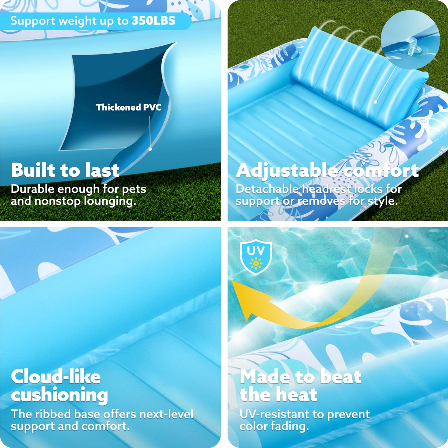 SLOOSH Inflatable Tanning Pool Lounger Float – 85 x 57 in, XL Blue, 4-in-1 Suntan Tub Raft