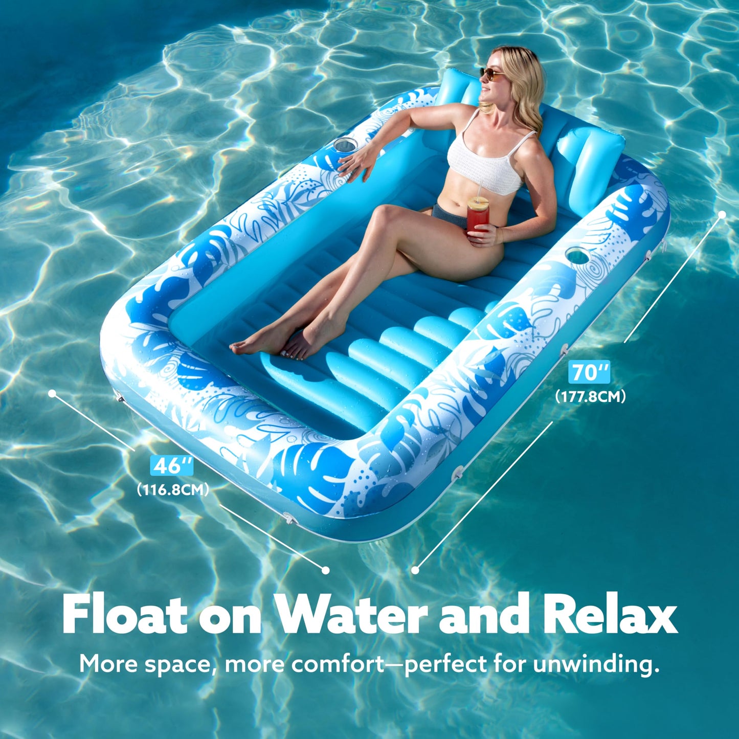 SLOOSH Inflatable Tanning Pool Lounger Float – 70x46, 4-in-1 Sunbathing Bed with Pillow & Drink Holders