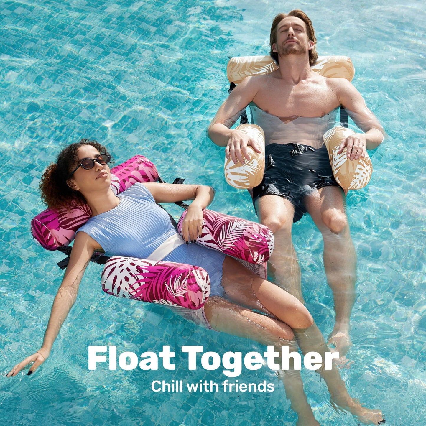 SLOOSH 2-Pack Inflatable Pool Floats for Adults | Floating Lounge Chairs - Tropical Leaves Champagne Pink