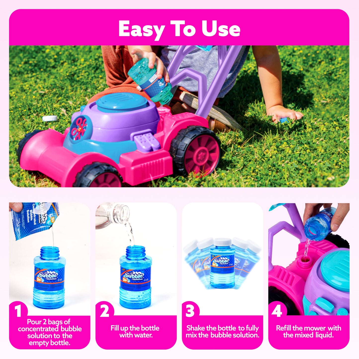 SLOOSH Bubble Lawn Mower Toy for Toddlers – Spill-Proof Pink Bubble Machine
