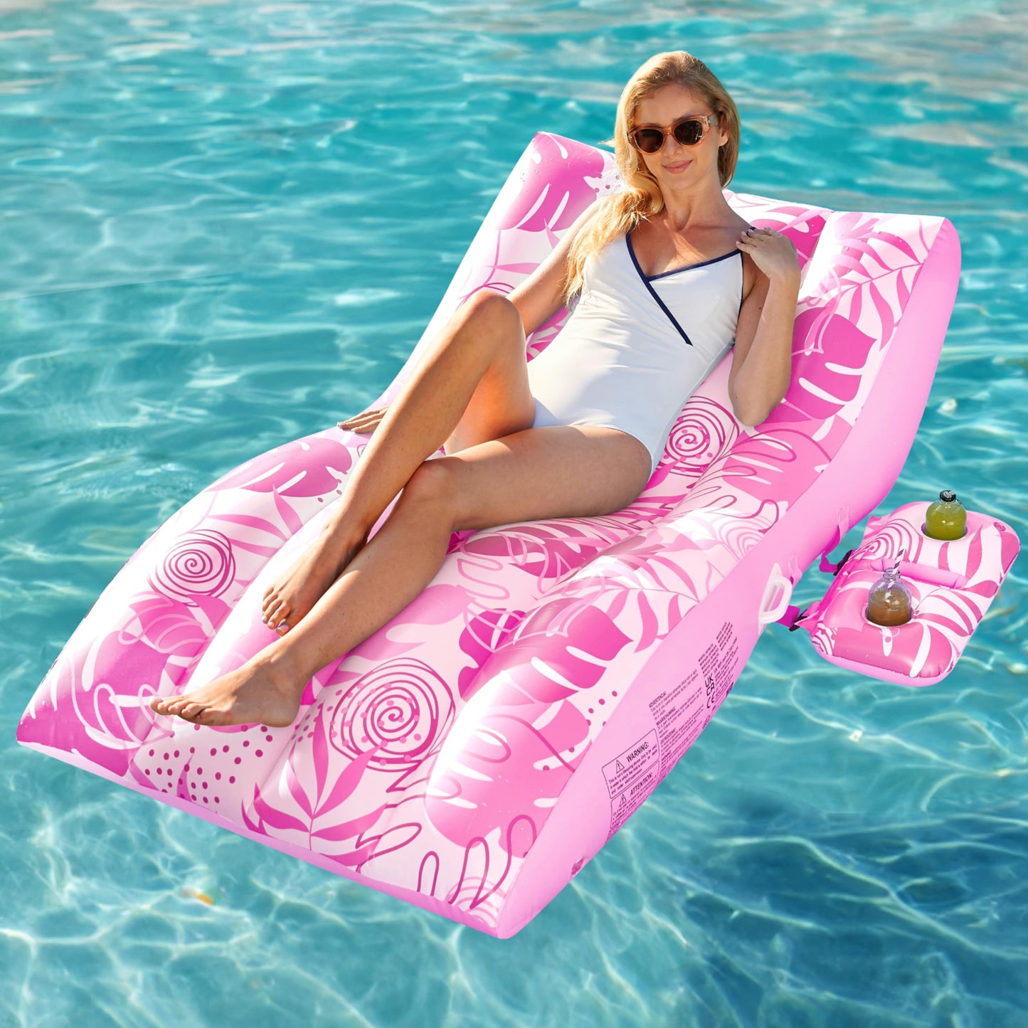 Sloosh Inflatable Pool Lounge Chair Pink – Extra-Large, Heavy-Duty Float with Detachable Cup Holder
