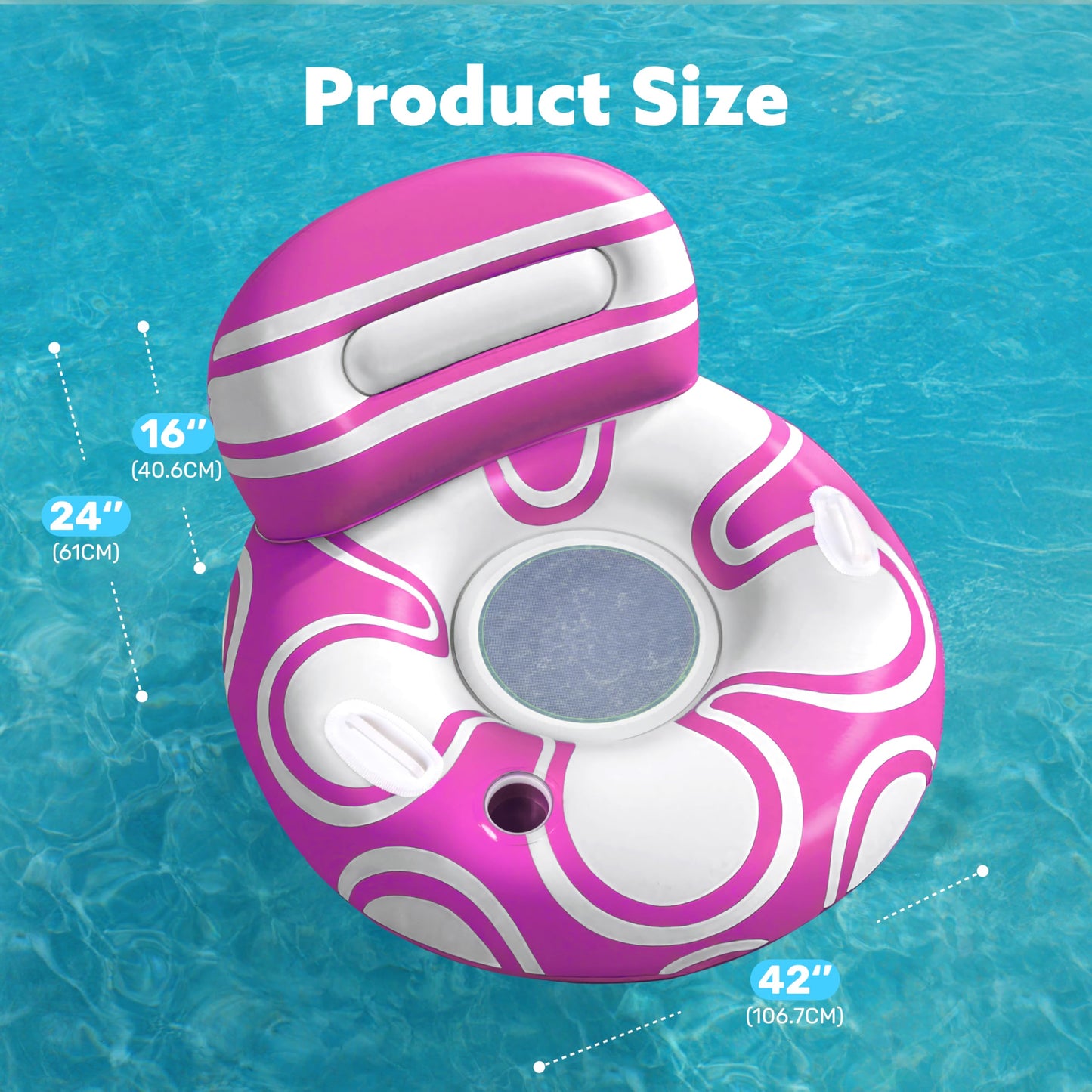 Sloosh Inflatable Pool Float Chair — Big Backrest, Mesh Seat, Cup Holders | Pink & White